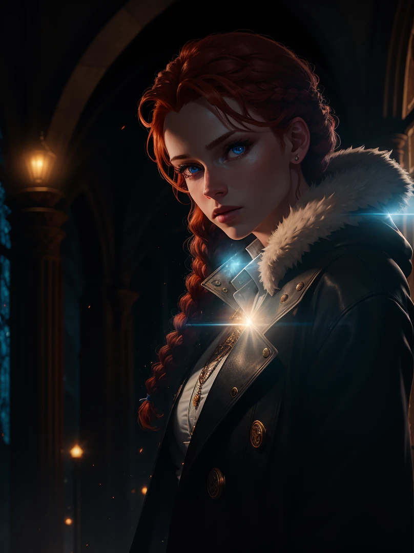 Movie scene, close-up bust of a red-haired mage, (braid), wearing a white fur coat, (glowing blue eyes: 1.2), gloves, slim figure, ice puck, appearance, cold, cathedral, lens flare, lights shafts, intricate detail, highly detailed, volumetric lighting, 4k render, stock photos, hyper realistic, realistic textures, dramatic lighting, unreal engine
