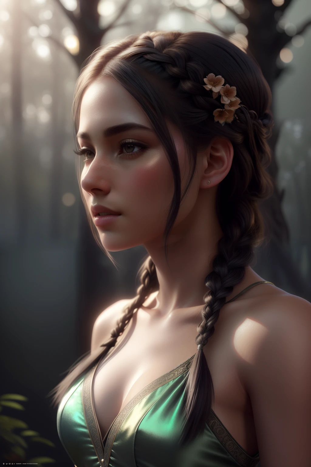 (super detailed), high resolution 8k wallpaper, best quality, full body, a beautiful young caucasian woman, black hair, two braids, (highly detailed hair: 1.4), smoke, fog, (dark forest: 1.1) , bokeh, faded, neutral colors, (hdr: 1.5), ((pastel colors)), colorful dress, floral decoration, dress, fantasy style, intricate scene, artstation, super detailed, dramatic lighting, intricate Detail, [Vignette], Intricate Background, ( (((Movie Look)))), Soothing Tones, Intricate Detail, Ultra Detail, Stone Gray Mood, (Wide Angle), Realistic, Sharp focus, beautiful lips