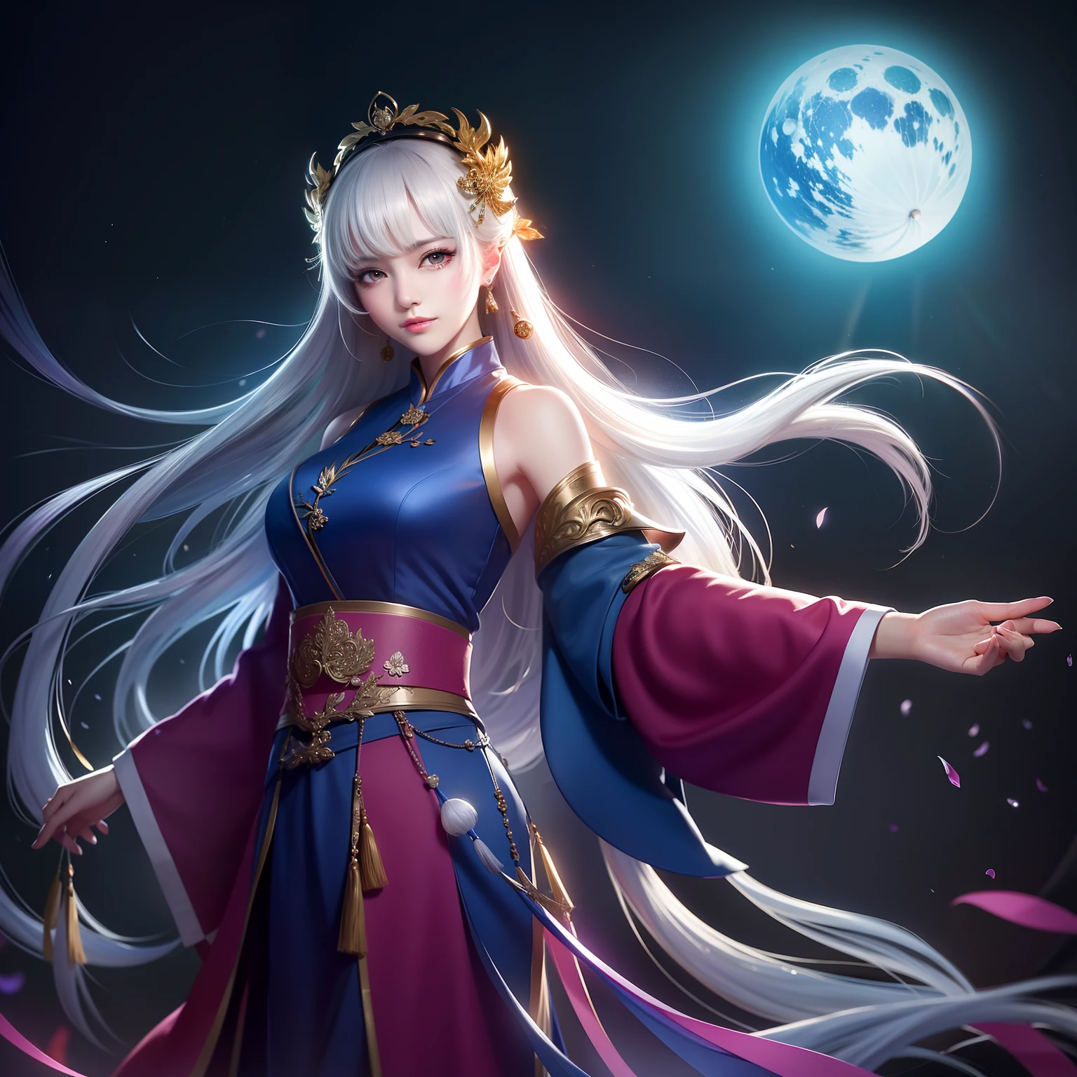 (8k, RAW photo:1.2), best quality, ultra high res,dramatic angle,(fluttered detailed color splashs), (illustration),(((1 girl))),(long hair),(rain:0.9), (头饰:1.4),姑娘身边有个古老的宫殿,(((奢华的汉服))),(重点),彩色水墨画,(泼彩),泼彩,((colorful)),( ((cool colors))),(((Tang dinasty)))(sketch:0.8), Masterpiece, best quality, beautiful painted, highly detaility,(denoising:0.6),[泼墨],((墨水折射)) ，（美丽详细的天空），月亮，高度，详细，（杰作，最佳质量，极其详细的 CG 统一 8k 壁纸，杰作，最佳质量，超详细），（石蒜），建筑，长剑，白色头发，手拿长剑，身形灵动，凤凰在旁边，神仙，magic