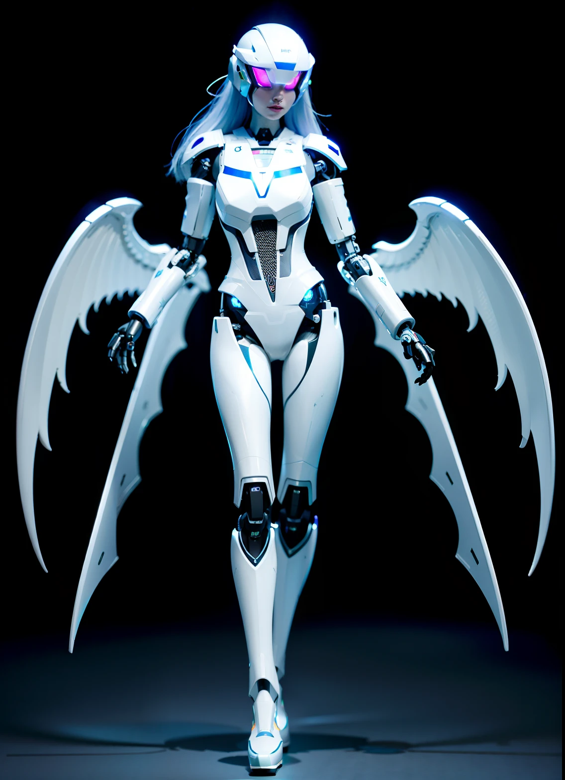 Wings, halo, glowing long hair, realistic genitals, flesh, (mech: 16), (robot: 6), complex 3D rendering highly detailed beautiful ceramic silhouette female robot face, robot, robot parts, 150 mm, beautiful Studio soft light, rim light, vibrant details, luxury ethnic burpunk, lace, surreal, anatomy, facial muscles, cables, microchip, elegant, beautiful background, Octane render, HR Giger style, 8k, most good quality, masterpiece, illustration, very detailed and beautiful, very detailed, cg, Unity, wallpaper, (fidelity, fidelity: 1.37), stunning, fine detail, masterpiece, superb, official art, highly detailed cg unity 8k wallpaper, very difficult, confident, ridiculous, robot, silver helmet, full body