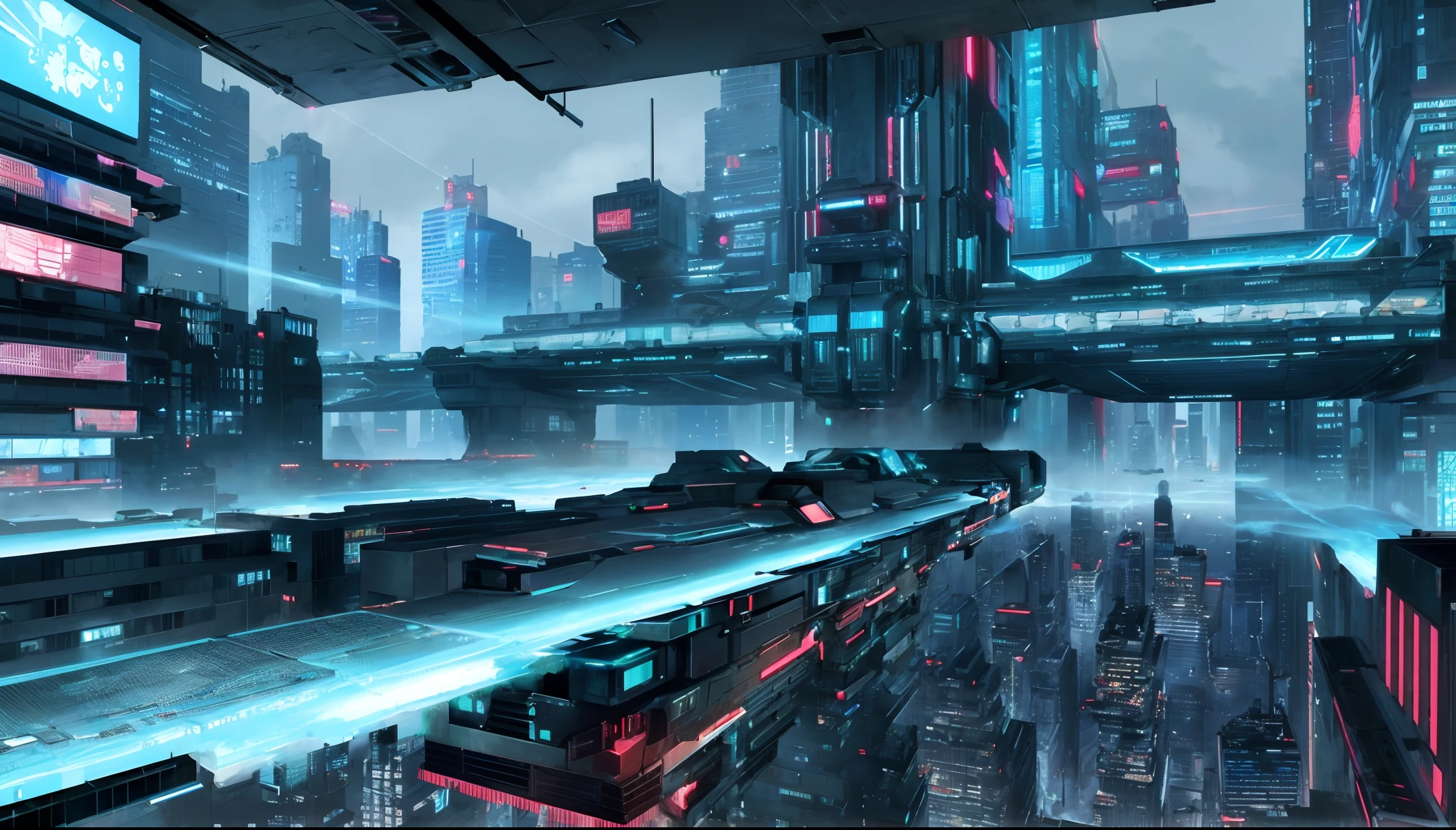 futuristic cityscape, ((Cyborg)), (irregular building), mechanical, (cyberpunk), (hovering train), drone, realistic lighting, (abyss) masterpiece, high quality, beautiful graphics, high detail,