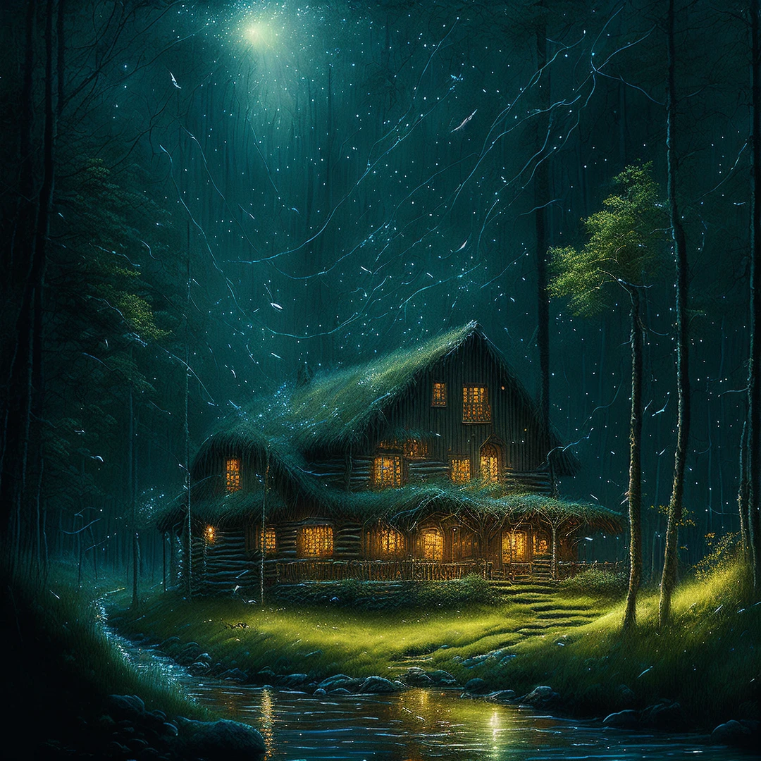 ((Stunning artwork)), best quality, ultra-detailed, (((peaceful cabin))), fragrant smoke rising, fireflies dancing in the grass, (((children))) chasing after them with nets, (((clear stream))) filled with the day's catch, surrounded by the mysterious forest's darkness and beauty.