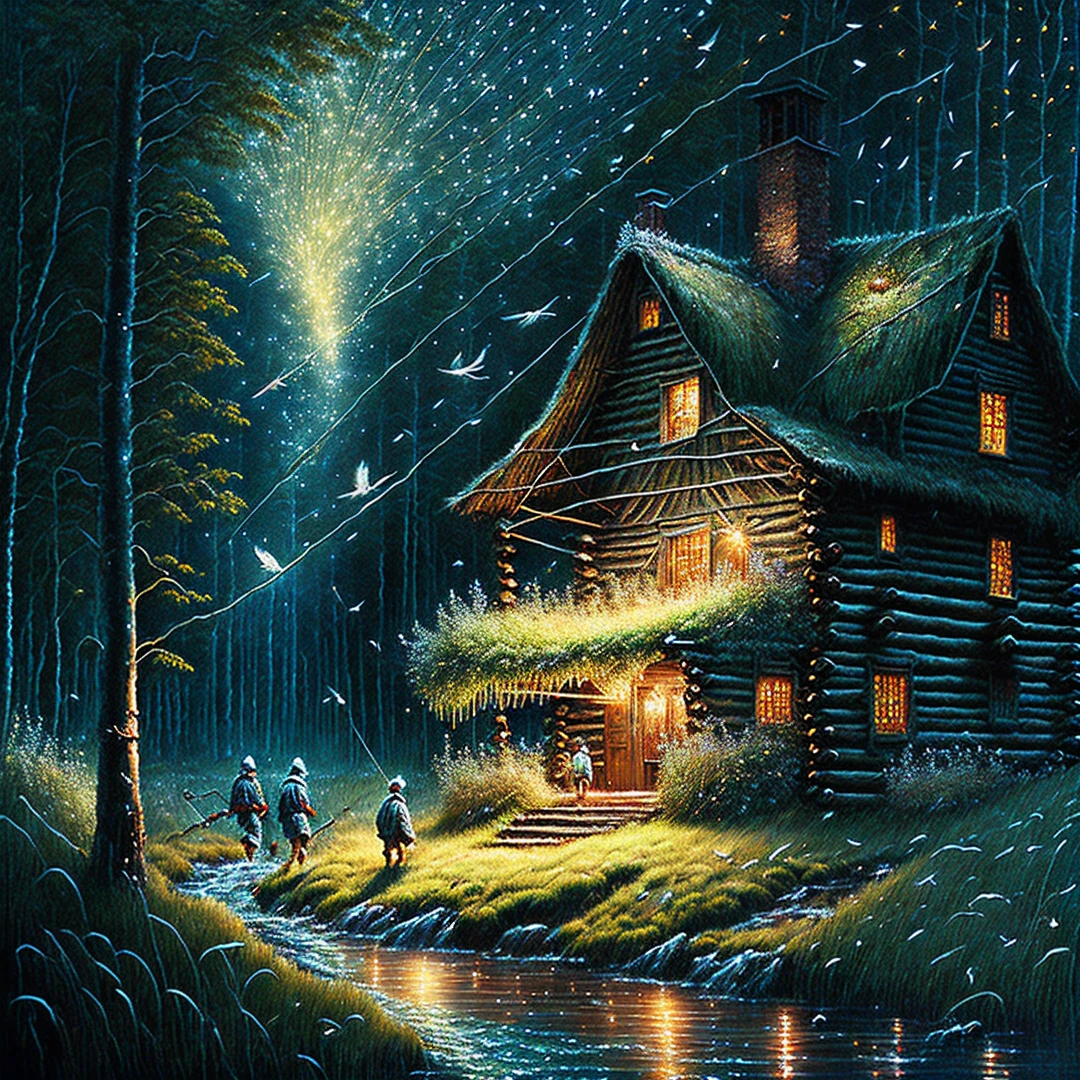 ((Stunning artwork)), best quality, ultra-detailed, (((peaceful cabin))), cigarettes rising, fireflies flying in the grass, (((children))) chasing them with nets, (((clear stream ))) Filled with the harvest of the day, surrounded by the darkness and beauty of the mysterious forest.