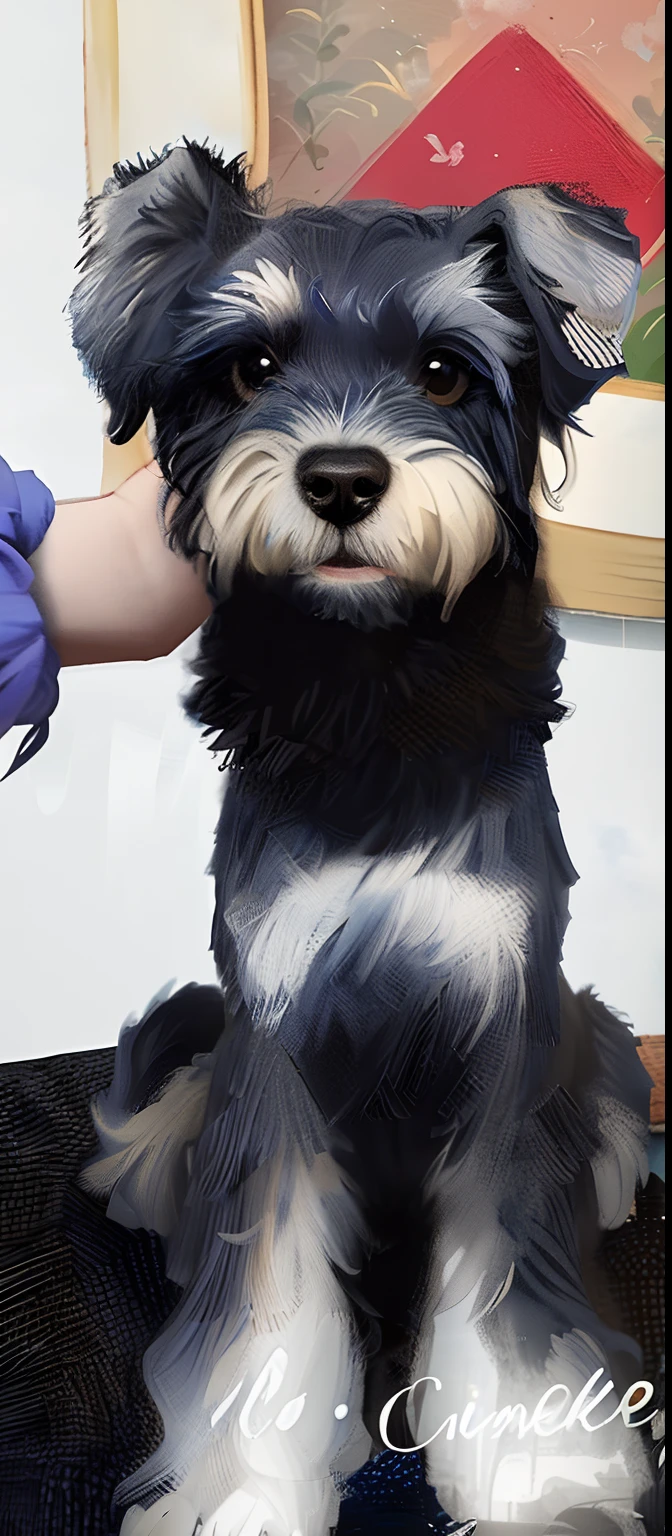 8k cute schnauzer dog hand-painted animation effect background blue sky white clouds grass windmill