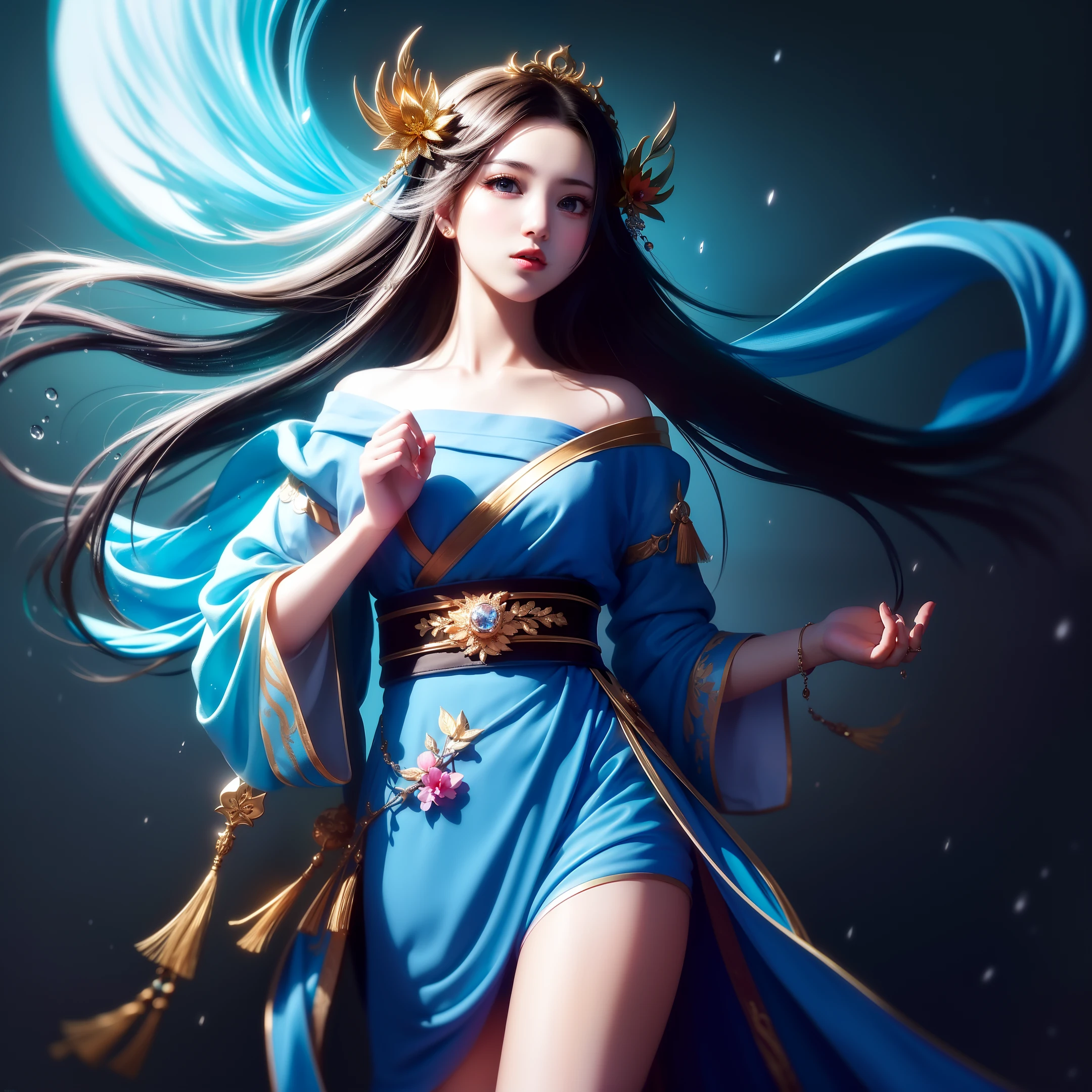 (8k, RAW photo: 1.2), Best Quality, Super High Resolution, Dramatic Angle, (Floating Detailed Color Splash), (Illustration), (((1 Girl))), (Long Hair), ( Rain: 0.9), （头饰：1.4），少女在空中飞舞，身形灵动，少女身边有一座古老的宫殿，（（（汉服））），手持长剑（蓝光）（强调），彩墨painting, (splashing color ), splash Color,((colorful)) ,( ((cool colors))),(((Tang dinasty)))(sketch:0.8), 杰作，最好的质量，美丽的彩绘，高度的细节， (denoising:0.6) ,[抗墨水], ((墨水折射)), (美丽详细的天空), moon, height, detailed, (masterpiece, best quality, extremely detailed CG unity 8k wallpaper, mastery, best quality, super详细），（lycoris），建筑物，（闪烁的蓝光），丝绸包裹的上半身，