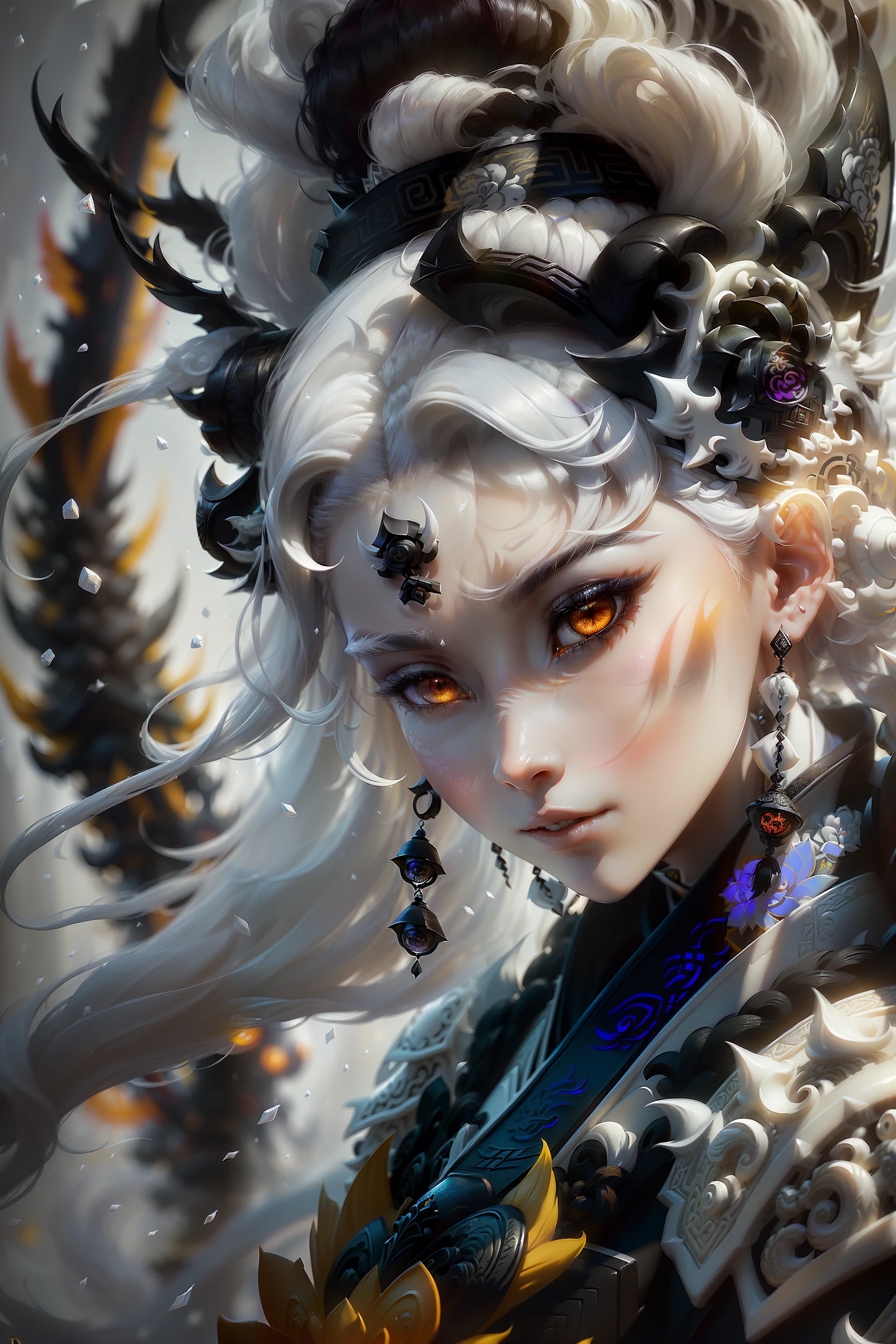 Analog Style, ((Complicated Details)), Full Body, Glowing, Beautiful, (Pale Chinoiserie Evil Princess), (yellow Hair), (Complicated), ((Light Bone Onyx Hanfu Armor)), (Complicated Jagged Obsidian crown) , Dynamic Pose Wind Blowing Hair Yellow Hair Hanfu Perfect Face Golden Hairpin (Realistic Eyes) Round Pupils (((((White Eyes)))), Perfect Eyes, Complicated, Complicated, Helios 44 -2, Swirl Bokeh, artstation trend, sharp focus, studio photo, intricate detail, very detailed, sharp, dnd portrait, (oil on canvas), perfect lighting, masterpiece, detailed background, artgerm and greg rutkowski portrait, film lighting, 8k