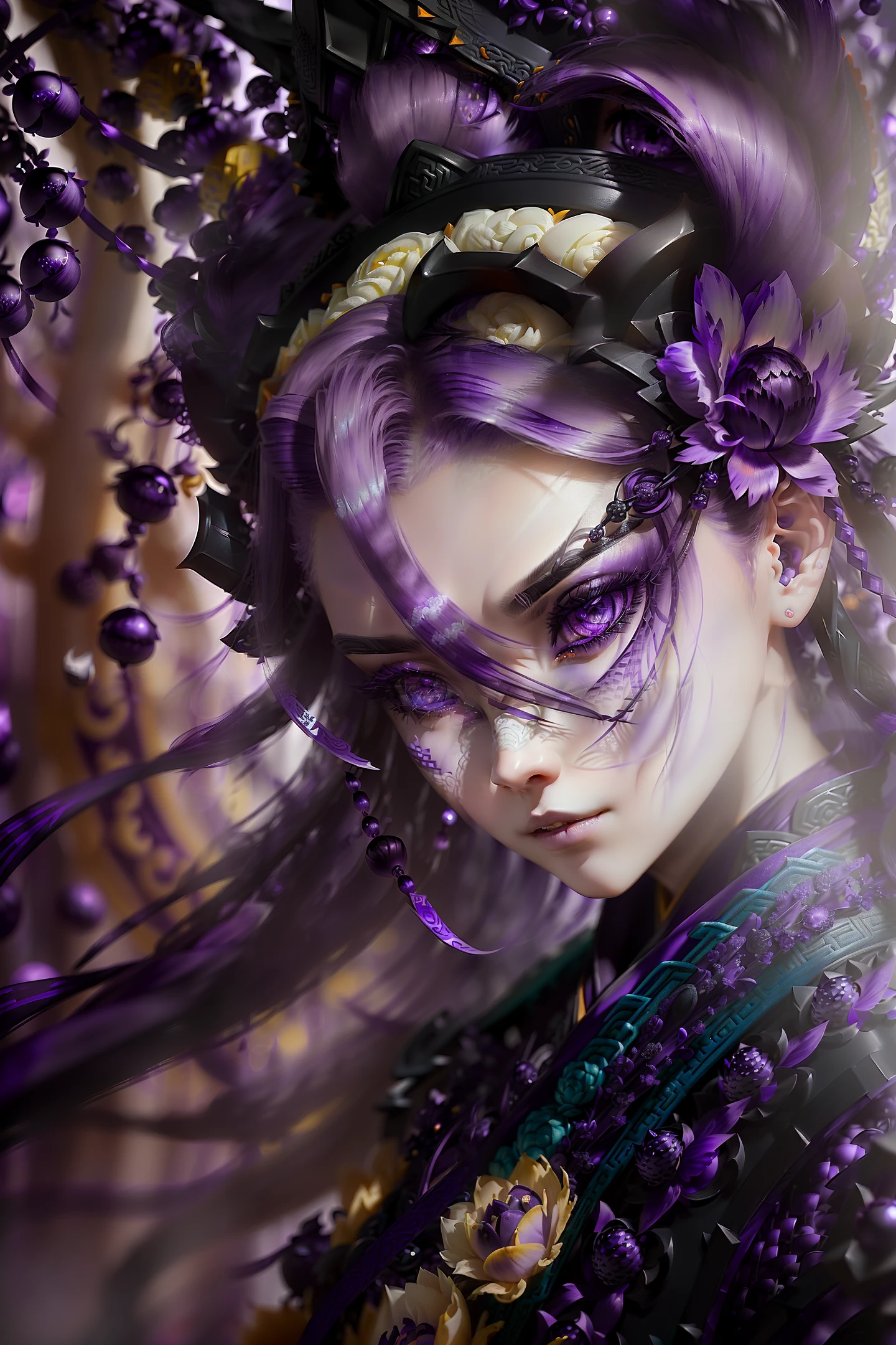 Analog Style, ((Complicated Details)), Full Body, Glowing, Beautiful, (Pale Chinoiserie Evil Princess), (yellow Hair), (Complicated), ((Light Bone Onyx Hanfu Armor)), (Complicated Jagged Obsidian crown) , Dynamic Pose, Wind Blowing Hair, Yellow Hair, Hanfu, Perfect Face, (Realistic Eyes), Round Irises, ((((((Purple Eyes)))), Perfect Eyes, Complicated, Complicated, Helios 44-2, swirl bokeh, artstation trend, sharp focus, studio photo, intricate detail, very detailed, sharp, dnd portrait, (oil on canvas), perfect lighting, masterpiece, detailed background, artgerm and greg rutkowski portrait, film lighting, 8k