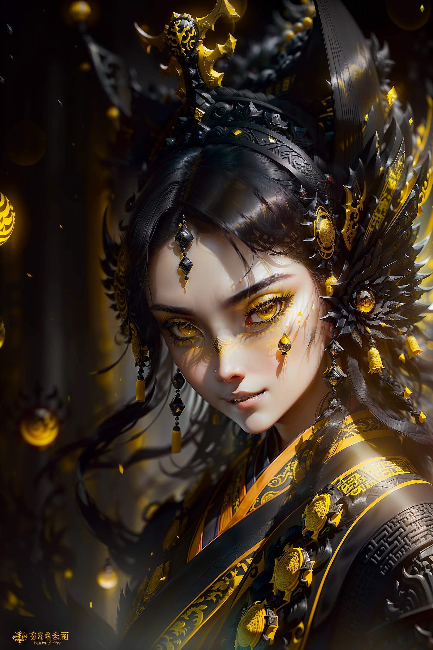 Analog Style, ((Complicated Details)), Full Body, Glowing, Beautiful, (Pale Chinoiserie Evil Princess), (Black Hair), (Complicated), ((Light Bone Onyx Hanfu Armor)), (Complicated Jagged Obsidian crown) , Dynamic Pose, Wind Blowing Hair, Silver Hair, Hanfu, Perfect Face, (Realistic Eyes), Round Irises, (((((Yellow Eyes)))), Perfect Eyes, Intricate, Intricate, Helios 44-2, Swirl Background bokeh, artstation trend, sharp focus, studio photo, intricate detail, highly detailed, sharp, dnd portrait, (oil on canvas), perfect lighting, masterpiece, detailed background, artgerm and greg rutkowski portrait, film lighting , 8k, fangs evil smile horror