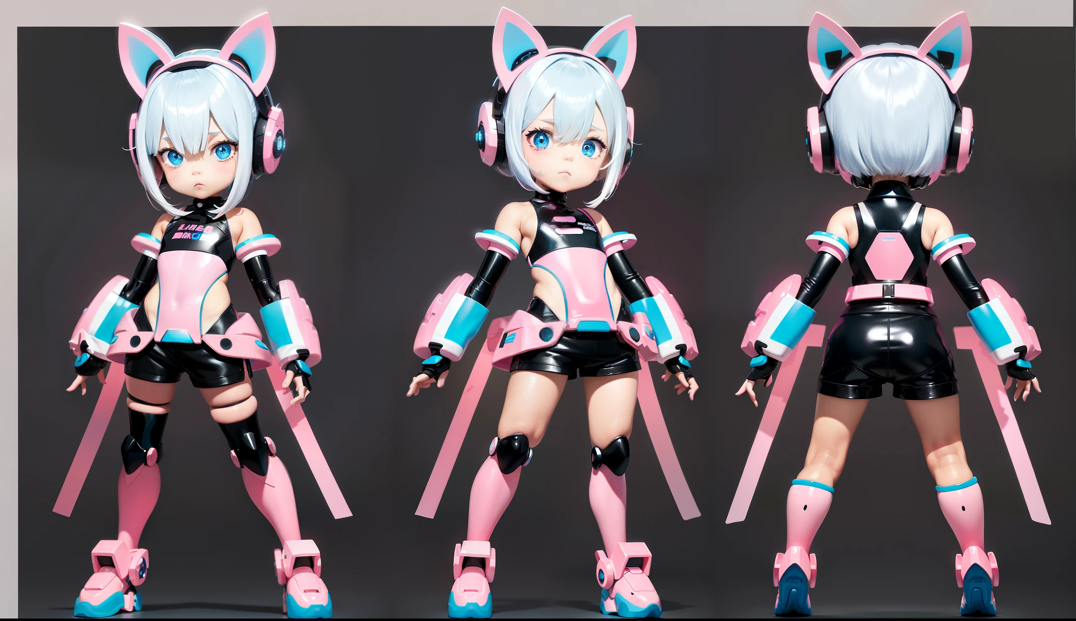 (Same character, front, side, back), pure black background! [Full body] The little girl has a cold expression, blue pink gradient hair, exaggerated hairstyle, pink blue big eyes, mecha-style one-piece shorts, white pink high-tech helmet, huge bow, and bare legs.