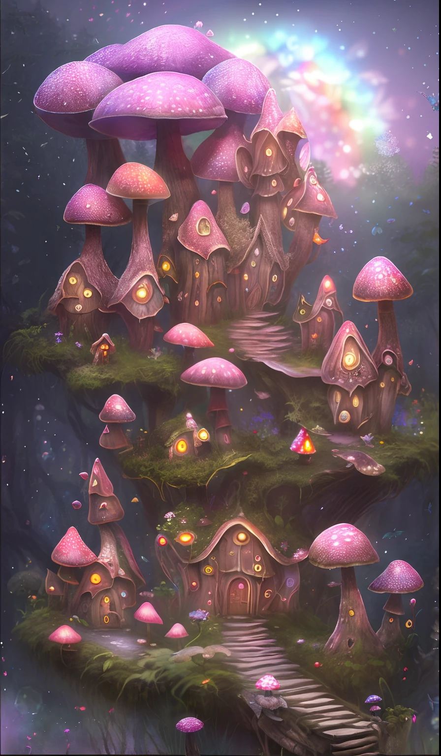 mdjrny-v4 style original, masterpiece, dream light, fantasy, fairy, mushroom houses, little fairy village made out of mushrooms, flowers, forrest, moon light, night time, iredescent lighting, highly detailed, 8k background, twinkle lighting, unreal engine, mushrooms everywhere, rainbow, mushroom temple, mushroom church, fairies flying around, Coprinopsis atramentaria, pink,