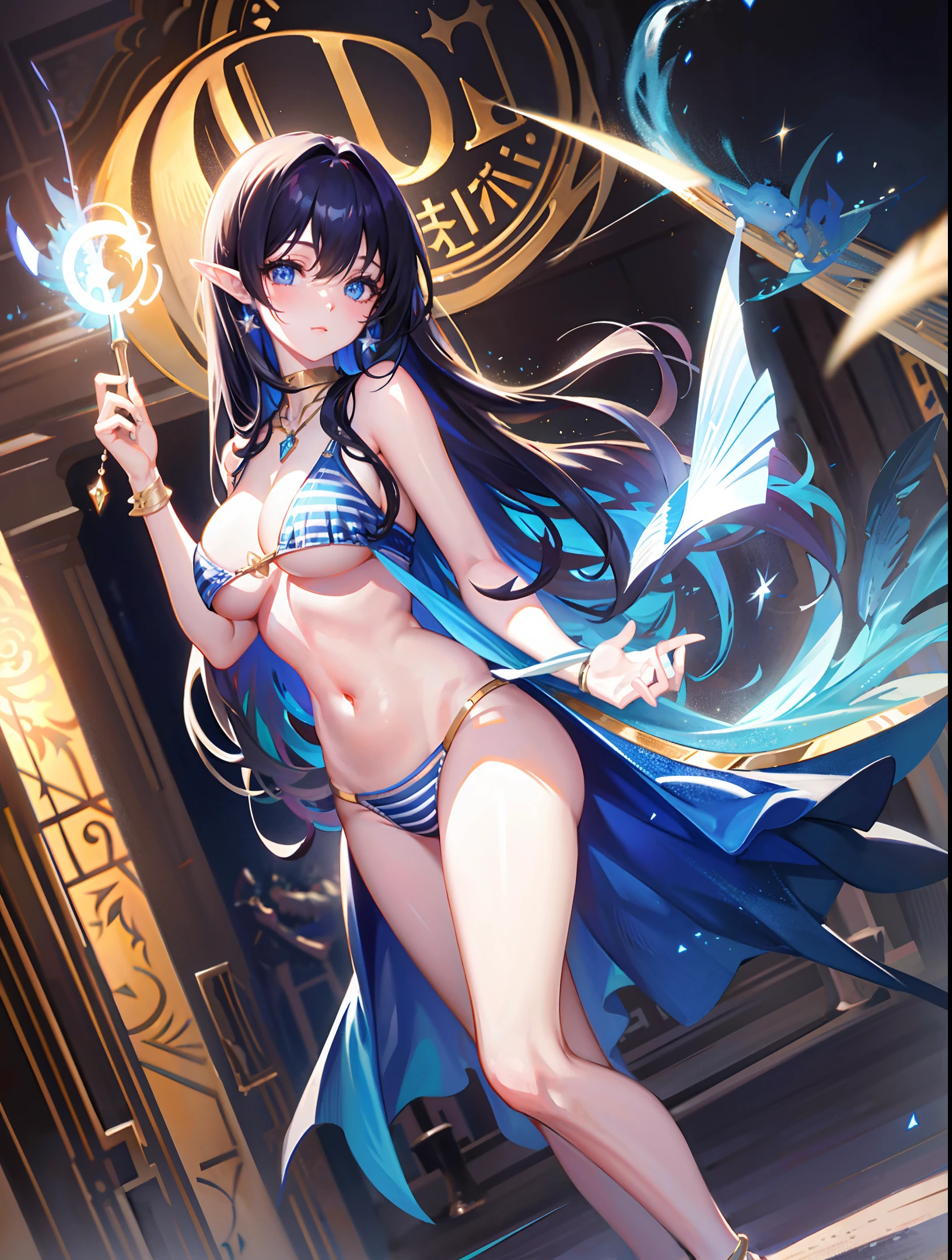(masterpiece, best quality, very detailed CG, beautiful detailed eyes, super detailed, intricate details: 1.2), 8k wallpapers, exquisite features, (1girl, solo: 1.4), long hair, striped hair, elves , looking at viewer, blue eyes, earrings, panties, anklets, boobs, arcane, necklace, wand, solemn, blue flame, feathers, bird, magic surround, magic wand, magic ball, book, pages flying, magic circle, spell, night, darkness, big wavy hair