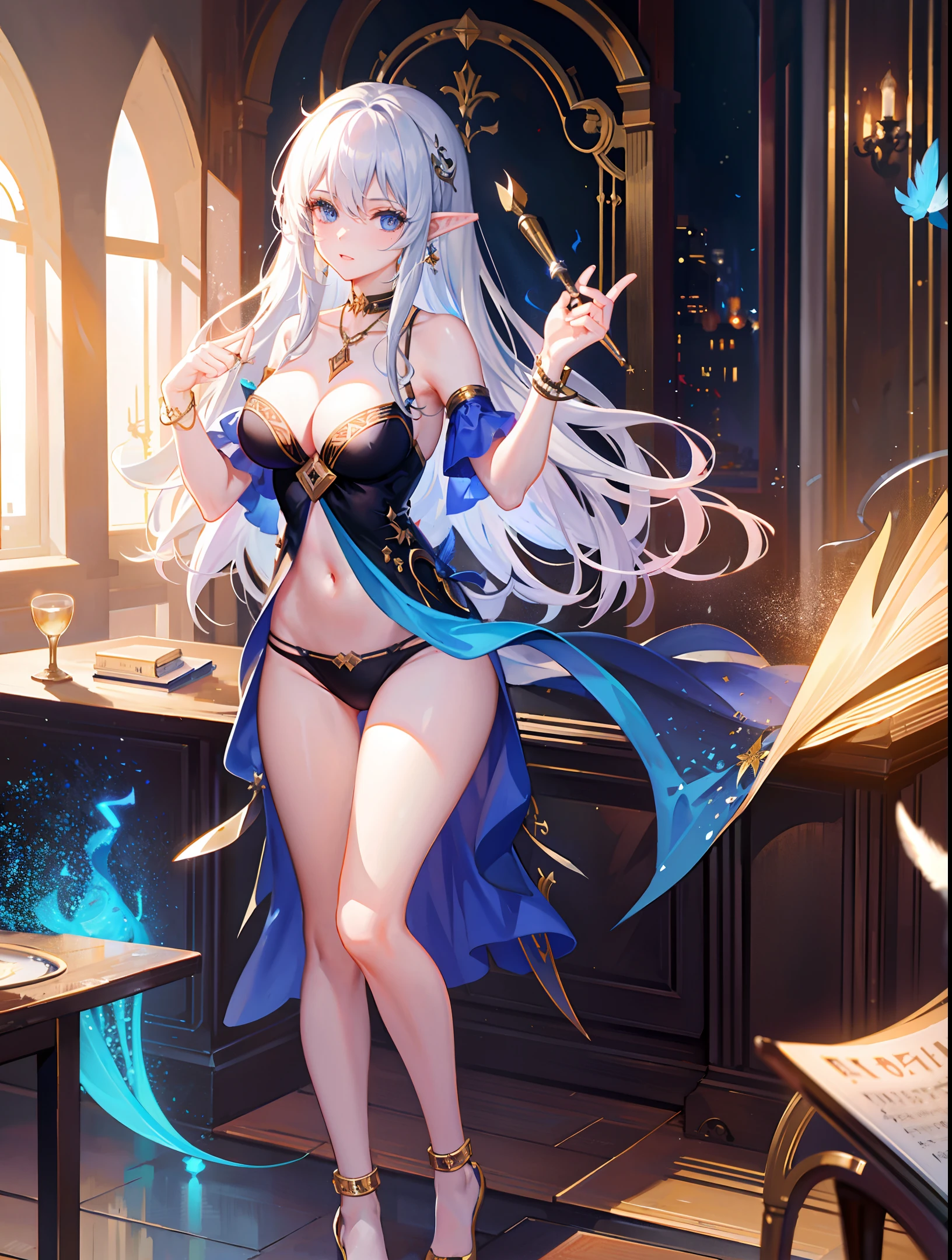 (masterpiece, best quality, very detailed CG, beautiful detailed eyes, super detailed, intricate details: 1.2), 8k wallpapers, exquisite features, (1girl, solo: 1.4), long hair, striped hair, elves , looking at viewer, blue eyes, earrings, panties, anklets, boobs, arcane, necklace, wand, solemn, blue flame, feathers, bird, magic surround, magic wand, magic ball, book, pages flying, magic circle, spell, night, darkness, big wavy hair
