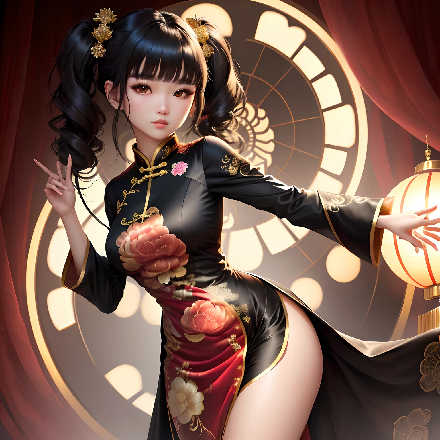 girl,full body,(detailed face:1.2), masterpiece, fashion,chinese dress,, medium hair, black hair, twintails, blunt bangs, brown eyes