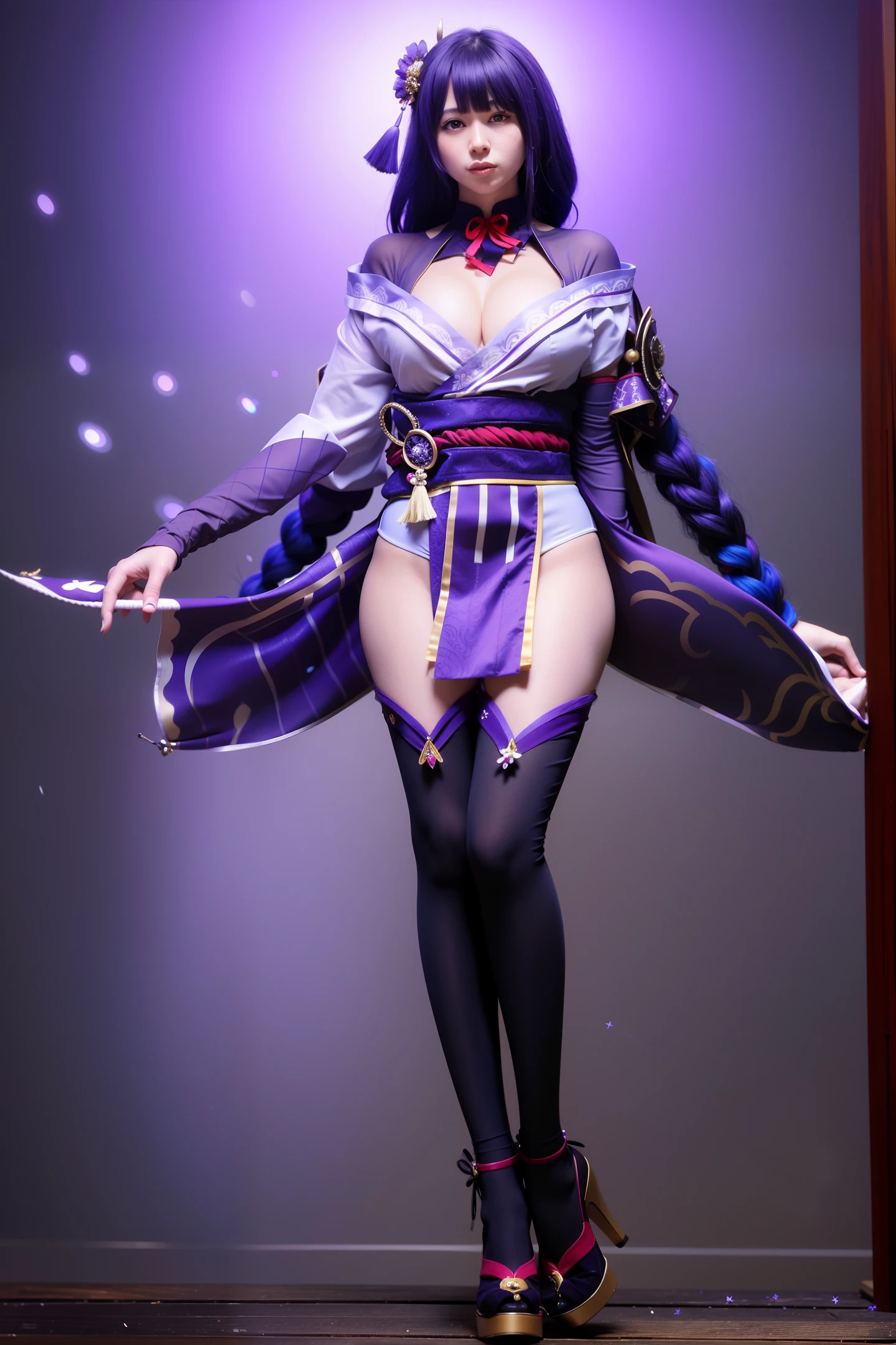 (((raw photo))), (realism: 1.3), (masterpiece), (best quality), super high resolution, (best illustration), photon mapping, radiosity, best shadows, full body , (), heavy breathing, trembling, steaming body, sweat, plump thighs, lying on the bed, (((natural light))), backlighting, 1girl, (purple long hair, single braid, blunt bangs), Purple headdress, purple kimono, beautiful detailed purple eyes, blushing, light smile, , thighs, black stockings, high heels. Looking at the viewer, smooth, (bokeh: 1.4), shot with Nikon d850, Nikon AF-S Nikkor 58mm f/1.4G lens,