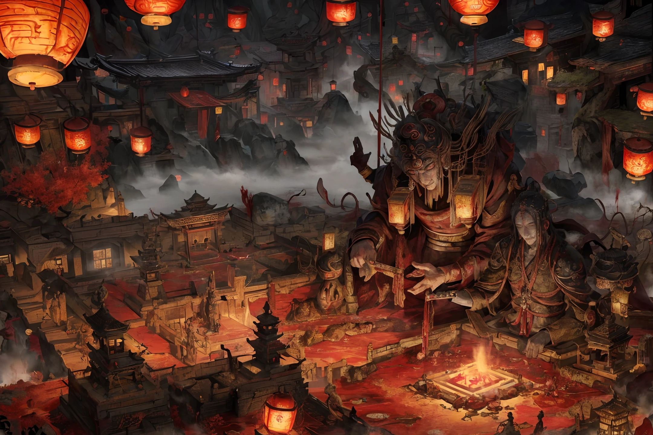 Ancient Chinese landscape, ((Avalokitesvara)), temple, (mysterious black mist), Journey to the West, ((corpse)), ((weird)), (ruined), (battlefield)), (blood stains), glazed tiles , Buddha Statue, Lantern, Absurd, Realistic Lighting, (Abyss) Masterpiece, High Quality, Beautiful Graphics, High Detail,