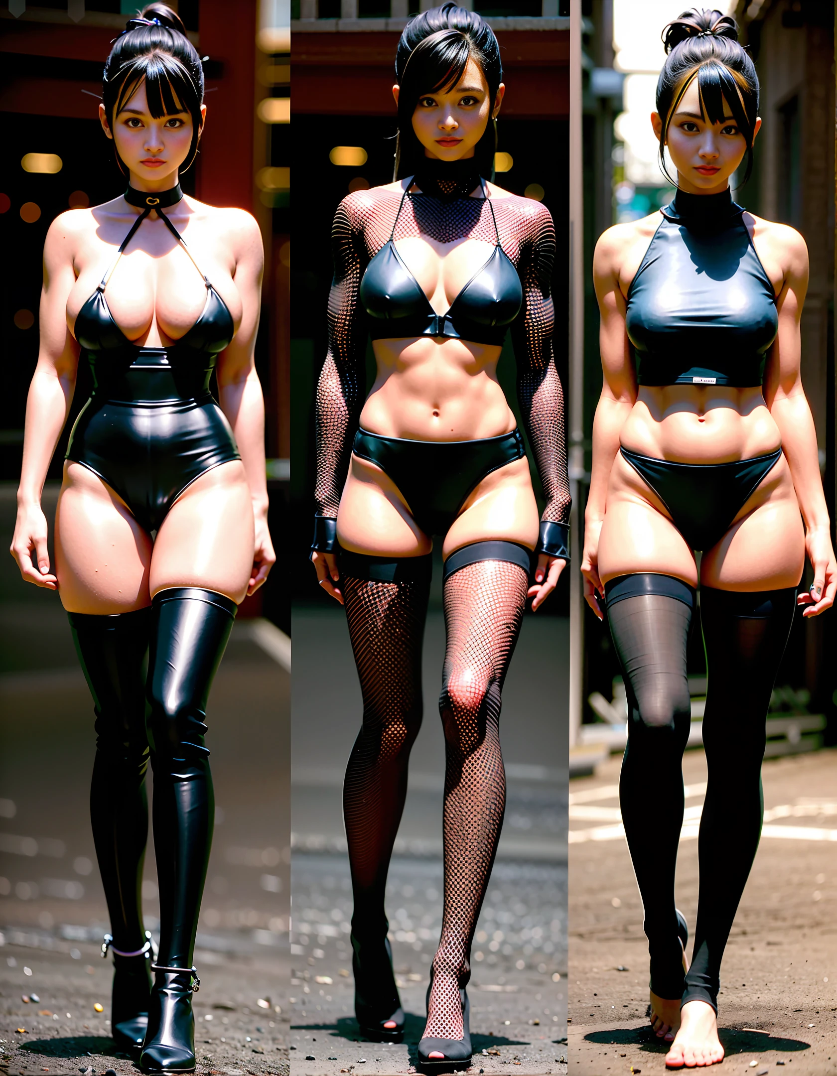 Ultra-realistic and ultra-delicate 8k RAW photos, realistic cyberpunk elements, ultra-high image quality, ultra-high resolution, exquisite body, short black hair, leather clothing, big breasts, cleavage bikini, barefoot flirtatious girls. Double ponytail bottomless white silk plaid short hair
