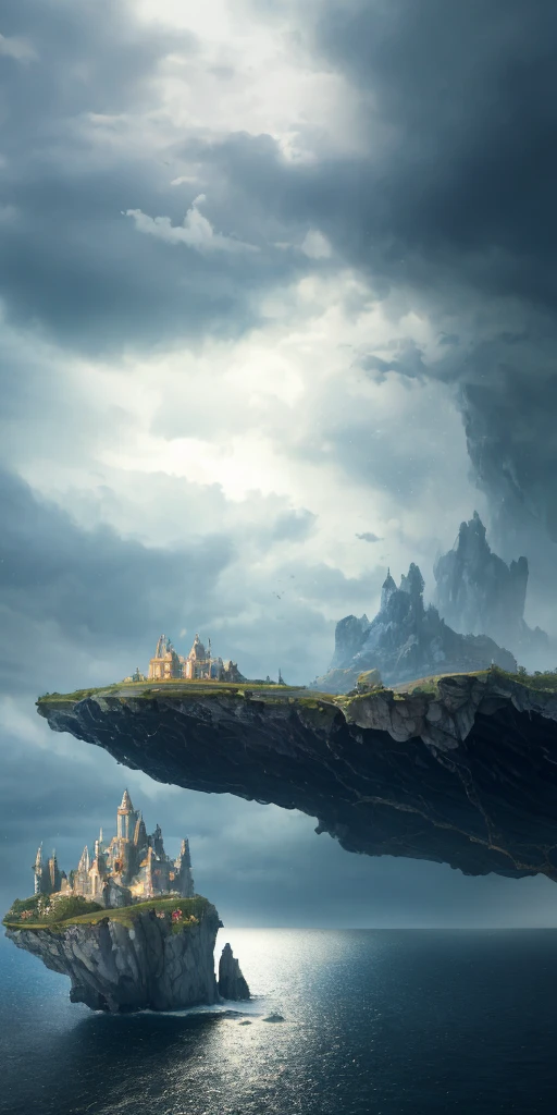 Masterpiece, superb, high quality, extremely detailed CG unity 8k wallpaper, outdoors, landscape composition, little people in sky corridors, museum glass cover cubes, meadows transitioning to sea, giant chains, sand island background, dark tones, doomsday lighting, Thunderstorm, Cloudy, Dark Clouds, Rain, Big Waves, Bokeh, Depth of Field, HDR, Realistic, Very Detailed, High Detail, Dramatic, Midway Art