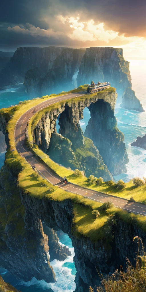 Masterpiece, superb, high quality, extremely detailed CG unity 8k wallpaper, outdoors, horizontal composition, sky trestle, small people, glass cover cube, grass transitioning to the sea, giant chain, sand island background, dark tones, doomsday lights, thunderstorm, Overcast, Dark Clouds, Rain, Big Waves, Bokeh, Depth of Field, HDR, Realistic, Very Detailed, High Detail, Dramatic, Midway Art
