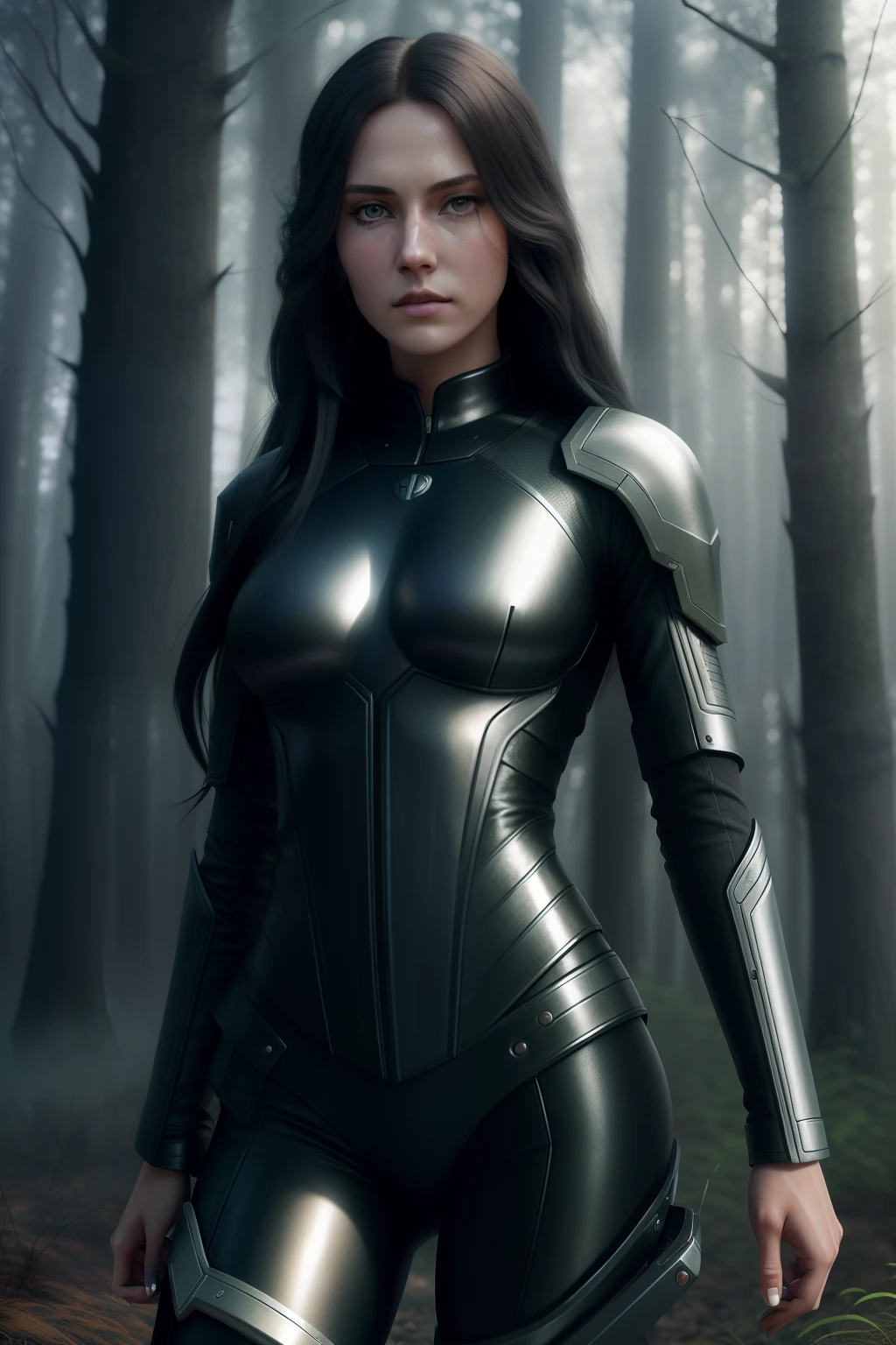 (super detailed), high resolution 8k wallpaper, best quality, full body, (highly detailed hair: 1.4), smoke, fog, (dark forest: 1.1), bokeh, neutral colors, (hdr: 1.5), ((Pastel Colors)), Fantasy Style, Increate Scene, artstation, Super Detailed, Dramatic Lighting, Increate Detail, [Vignette], Increate Background, ( (((Movie Look)))), Soothing Tones, Increate Detail, Ultra Detail, lime mood, (wide angle), real, focus, arms closed, looking at camera, best quality, upper body, mature woman, 40s, tall, thin, pale, thin, serious, dark, moonlight, moon, long hair, black hair