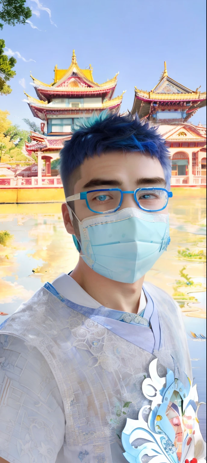 (masterpiece), (best quality), (super delicate), (illustration), (extremely delicate and beautiful), (dynamic angle), white and blue highlights, (bushi:1.3),(1boy:1.2),blue hair, ( business_suit), (complicated details), (beautiful and exquisite eyes), blue eyes, green pupils, exquisite face, upper body, messy floating hair, messy hair, focus, perfect hands, (fantasy style) mask glasses