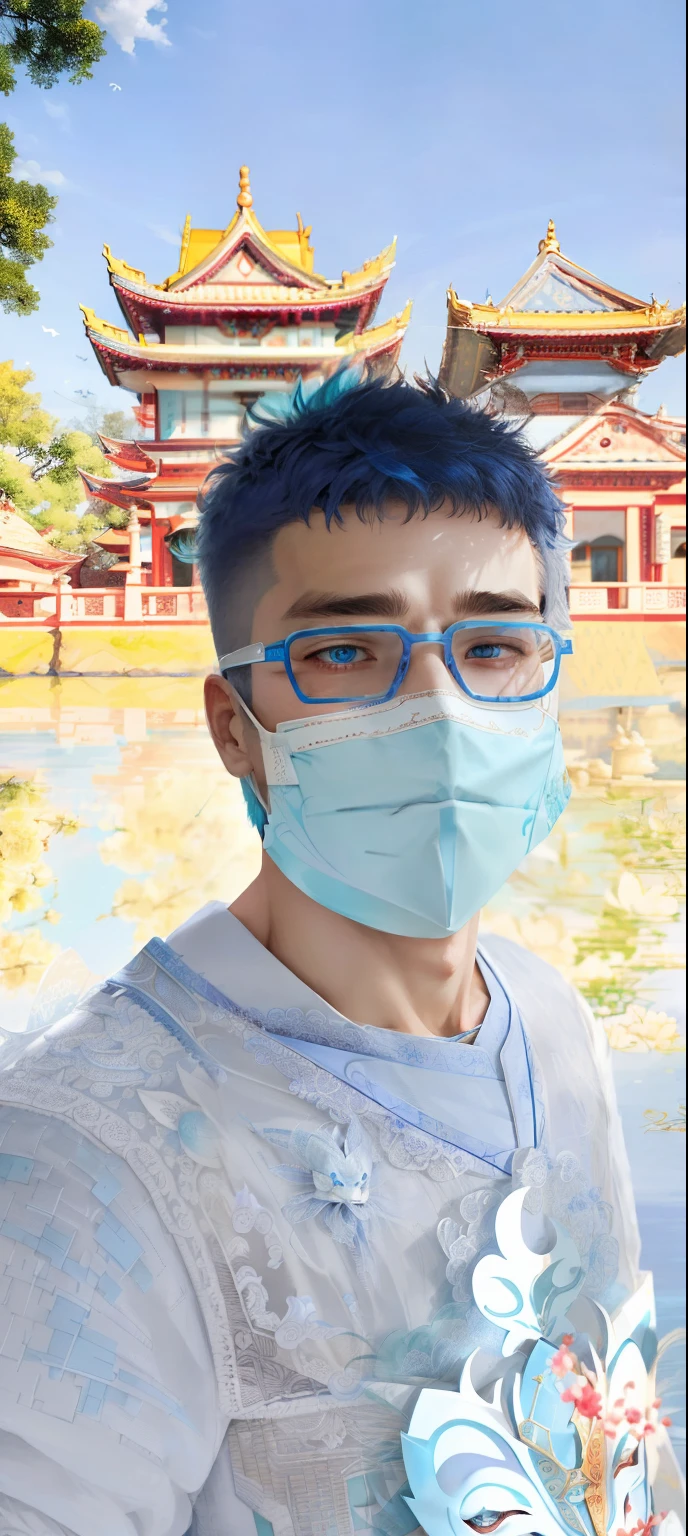(masterpiece), (best quality), (super delicate), (illustration), (extremely delicate and beautiful), (dynamic angle), white and blue highlights, (bushi:1.3),(1boy:1.2),blue hair, ( business_suit), (complicated details), (beautiful and exquisite eyes), blue eyes, green pupils, exquisite face, upper body, messy floating hair, messy hair, focus, perfect hands, (fantasy style) mask glasses