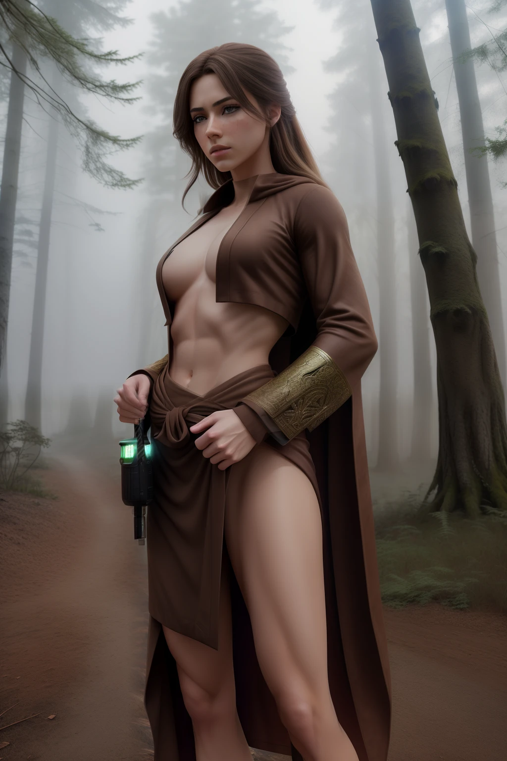 (super detailed), high resolution 8k wallpaper, best quality, full body, (highly detailed hair: 1.4), smoke, fog, (dark forest: 1.1), bokeh, neutral colors, (hdr: 1.5), ((Pastel Colors)), Fantasy Style, Increate Scene, artstation, Super Detailed, Dramatic Lighting, Increate Detail, [Vignette], Increate Background, ( (((Movie Look)))), Soothing Tones, Increate Detail, Ultra Detail, (wide angle), real, focus, dynamic pose, muscular girl, mature, strong, manly, brown robe, upper body, blond hair, tousled hair