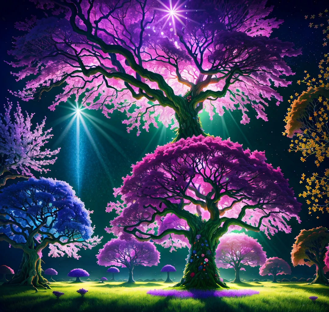1. Arafed tree with many colorful flowers and branches, fantasy tree, magic tree, magic colors and atmosphere, fantasy magic vegetation, sprite city in branches and trunk. Lights of a castle contrasting with the colors of the tree. very beautiful digital art, beautiful 4k uhd art, magic tree, beautiful digital art, enchanted magical fantasy forest, highly detailed 4k digital art, beautiful digital illustration, large magic trees.