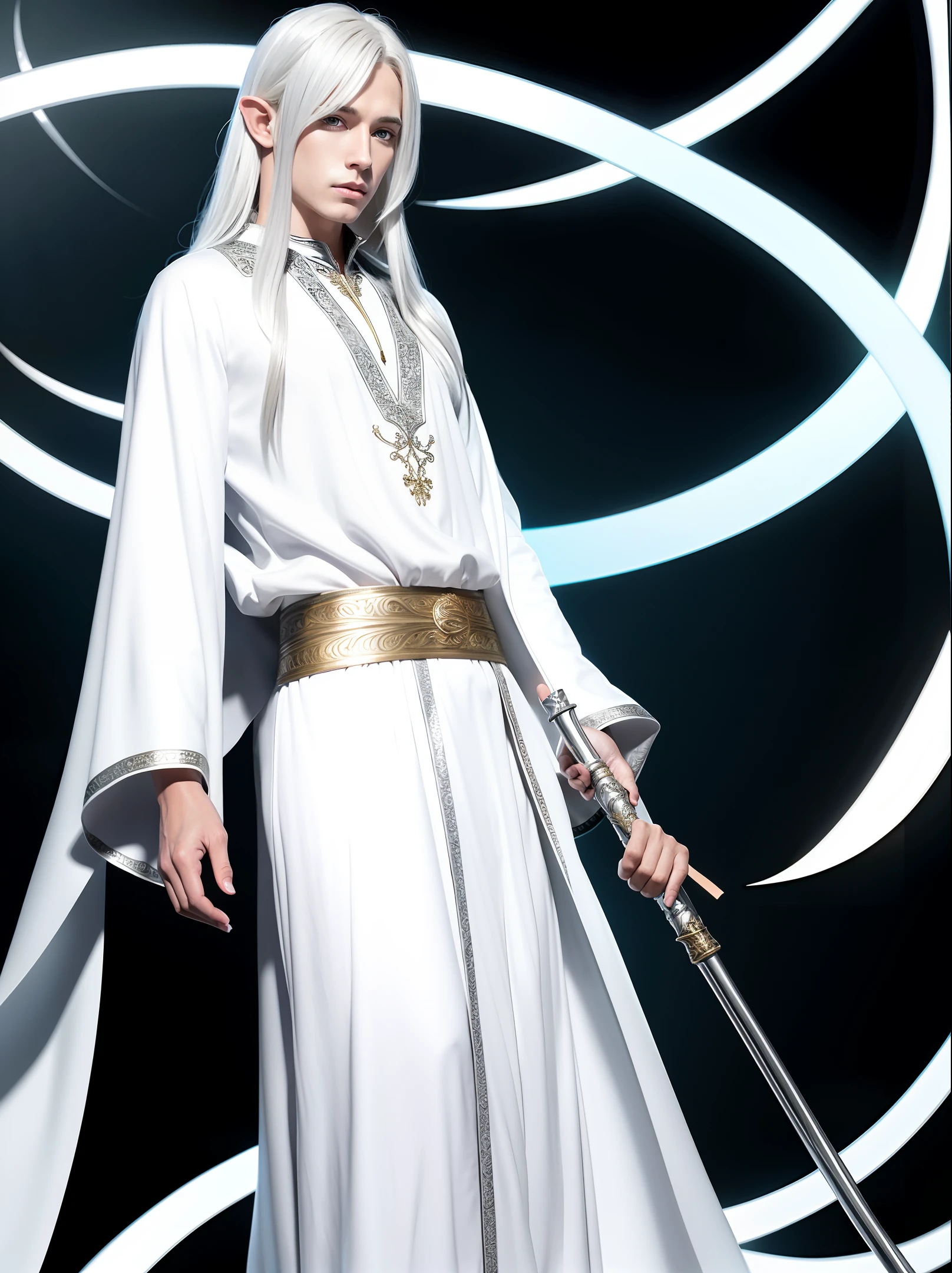 Beautifully drawn, high quality, ultra-detailed CG illustration of a male elven magician with long silver hair in white robes, holding a long staff