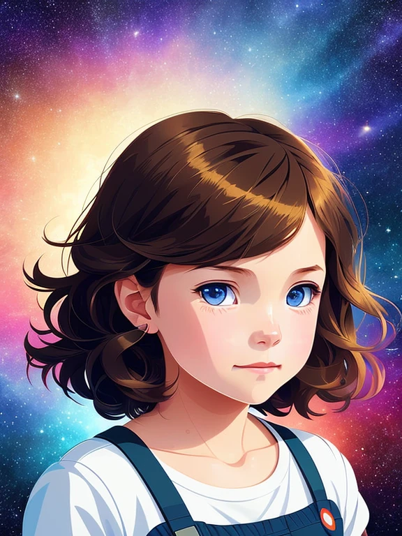 A little girl with short, light brown wavy hair and blue eyes floats in space, gazing in wonder at a quasar, clear, detailed face. Clean Cel shaded vector art by lois van baarle, artgerm, Helen huang, by makoto shinkai and ilya kuvshinov, rossdraws, illustration
