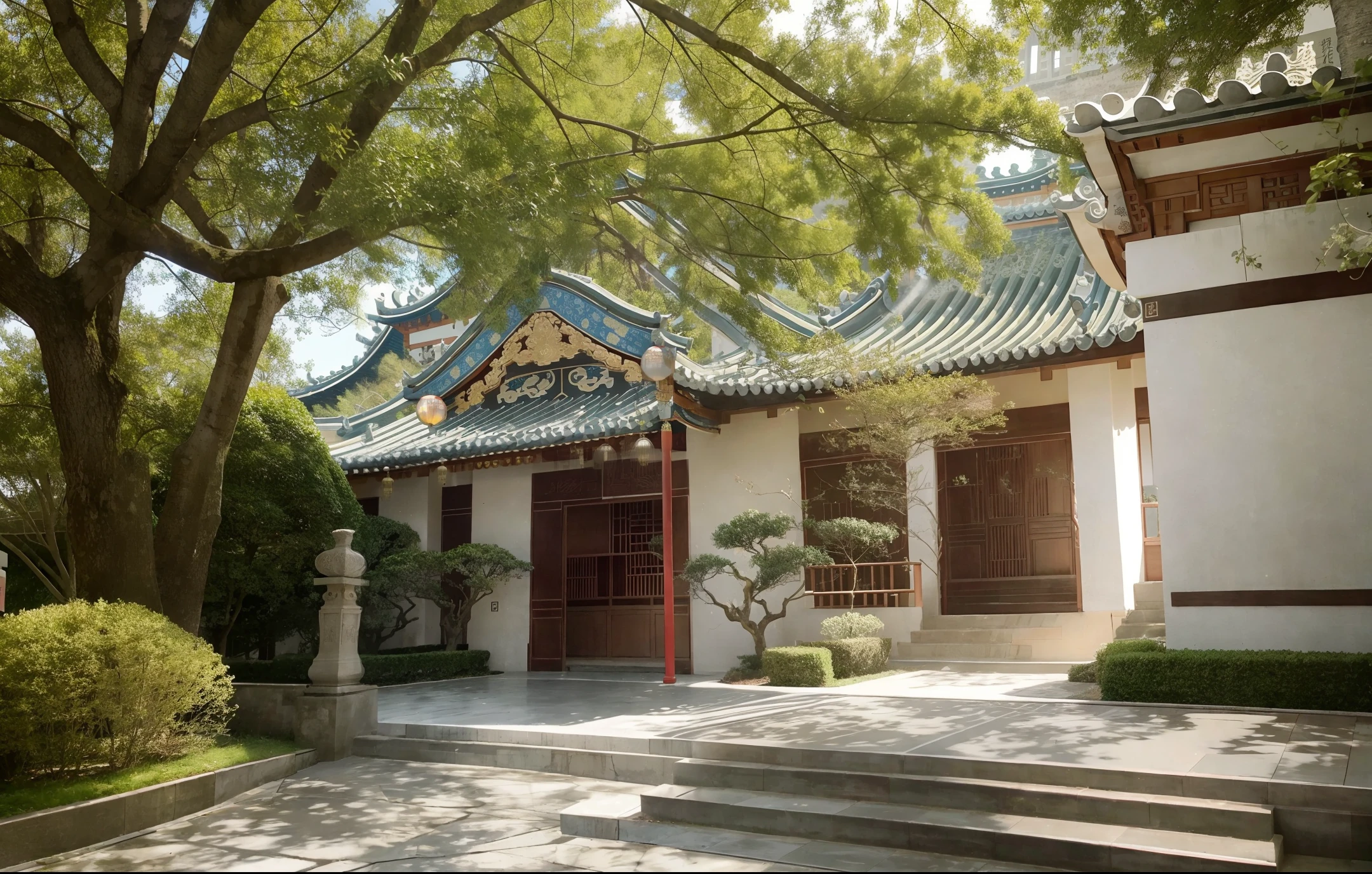 Fujian Tingzhou Examination Institute, there are two ancient cypresses in front of the hall, which are also objects of Tang Dynasty, and the clouds have spirit. Yu Yan is facing the sun, and the official Bai is going to worship the tree. Yu said that the wood charm does not cause harm, it is acceptable to listen to it, it is not owned by the ritual ceremony, and the envoy should not worship it. The trees are so tall that they can be seen in every room. It was the evening moonlight, and when Yu stepped up the steps, he saw two men in red at the end of the tree, bowing and bowing to Yu Qing, and gradually disappeared. Call the screen friends out to see, still see it. The next day, I went to the tree and bowed to each other. traditional Chinese painting