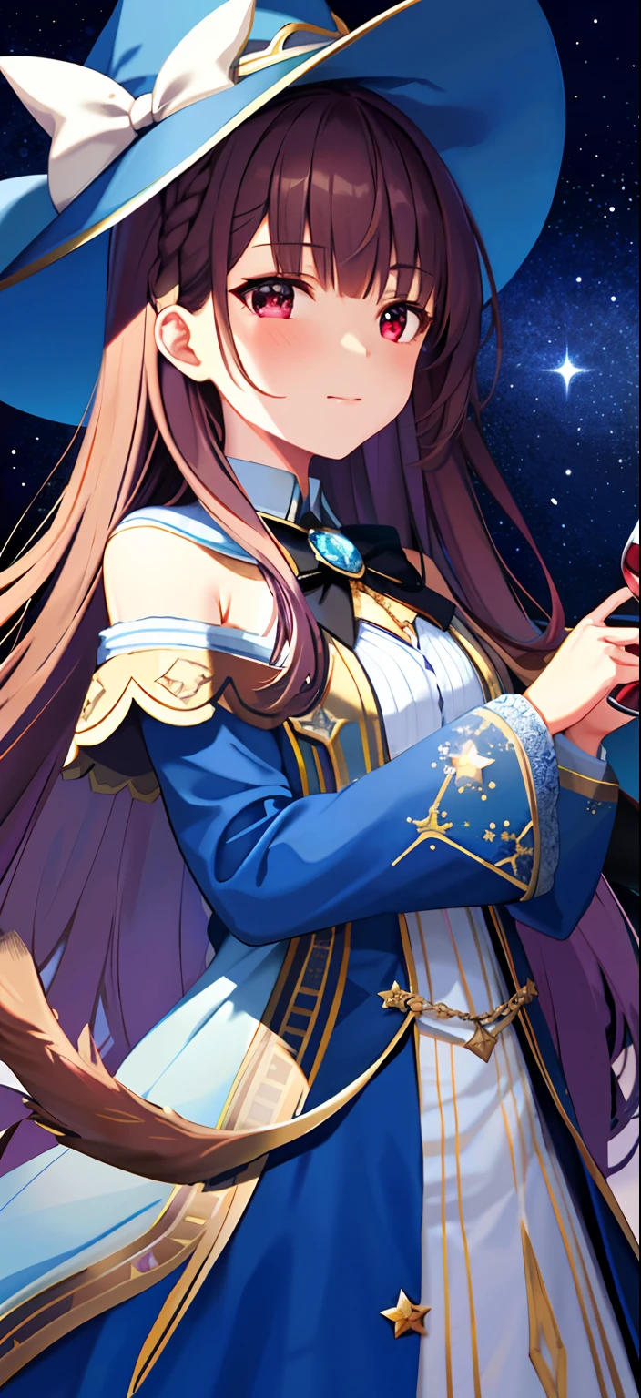 A girl wearing a large blue starry magic robe in the academy, light brown hair, wine red eyes like a starry sky, a cat girl, sad cheeks, a big magician hat