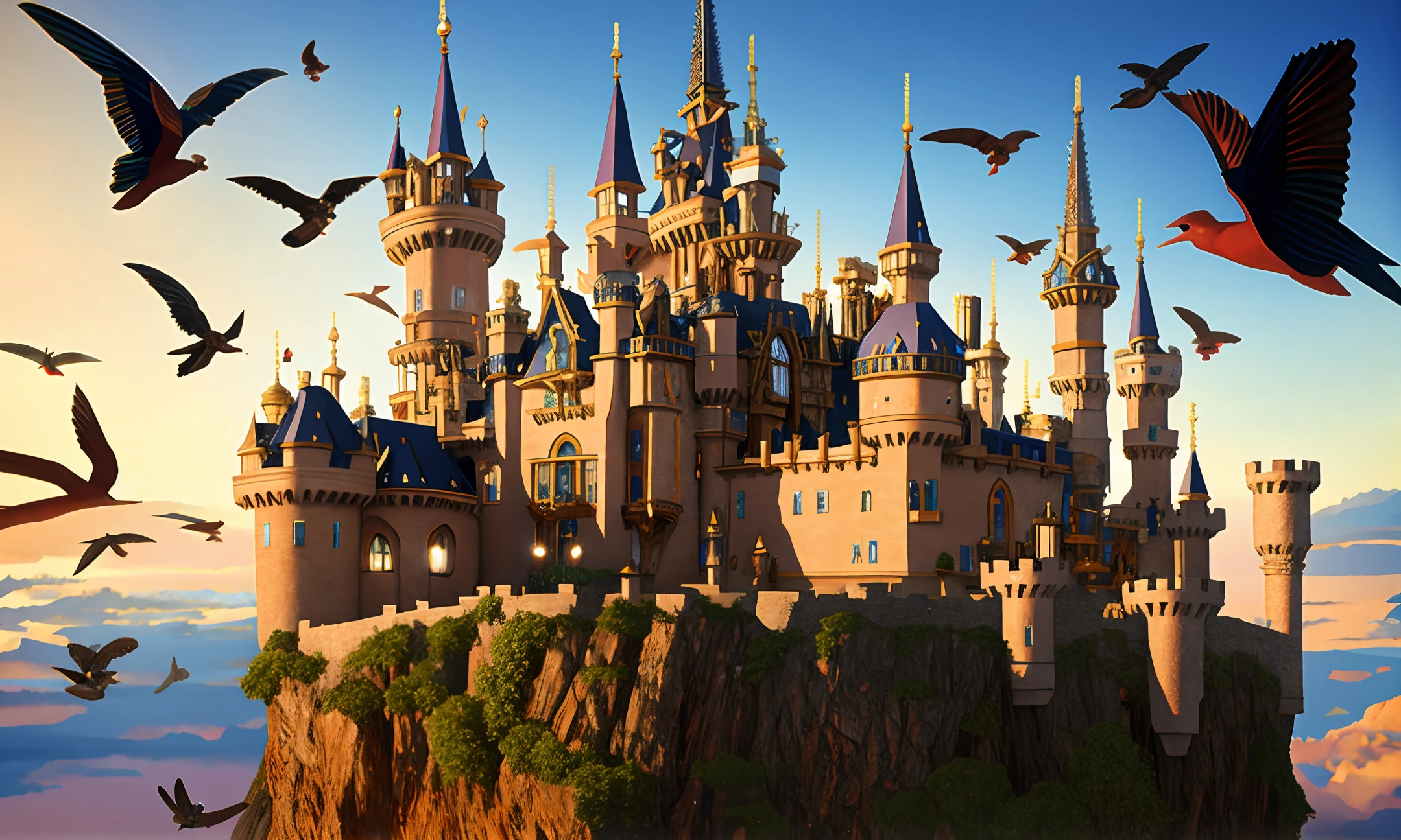 [flying steampunk victorian castle with mechanical wings, Castle with cogwheels, a giant airship hangs above the castle and parts of the castle, flying castle in the sky with birds around]+[flying victorian castle with mechanical wings, hot air balloons and airship hanging from the roof of the castle, Mechanism appearing in the walls of the castle, gray, dark colors, gray cloudy day]+[steampunk, flying victorian castle]