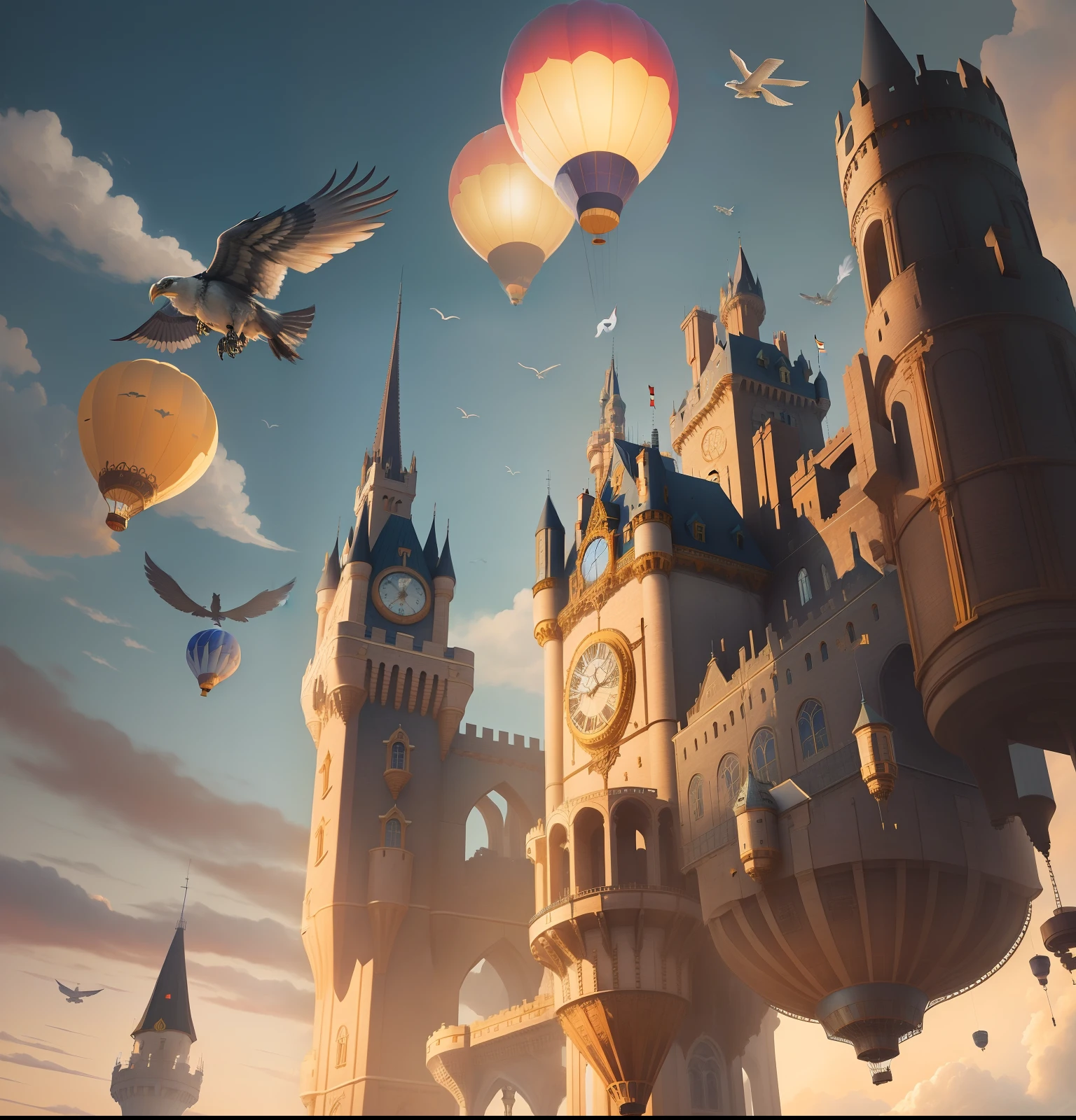 [flying castle steampunch aircraft with mechanical wings, with mechanical birds around]+[flying Victorian castle with mechanical wings, hot air balloons and airship hanging from the roof of the castle,Castle with cogwheels, castle on giant aircraft, hot air balloons hanging from the roofs of the castle , flying castle in the sky, Mechanism appearing in the castle walls, gray, dark colors, gray cloudy day]+[steampunk, flying castle aircraft]