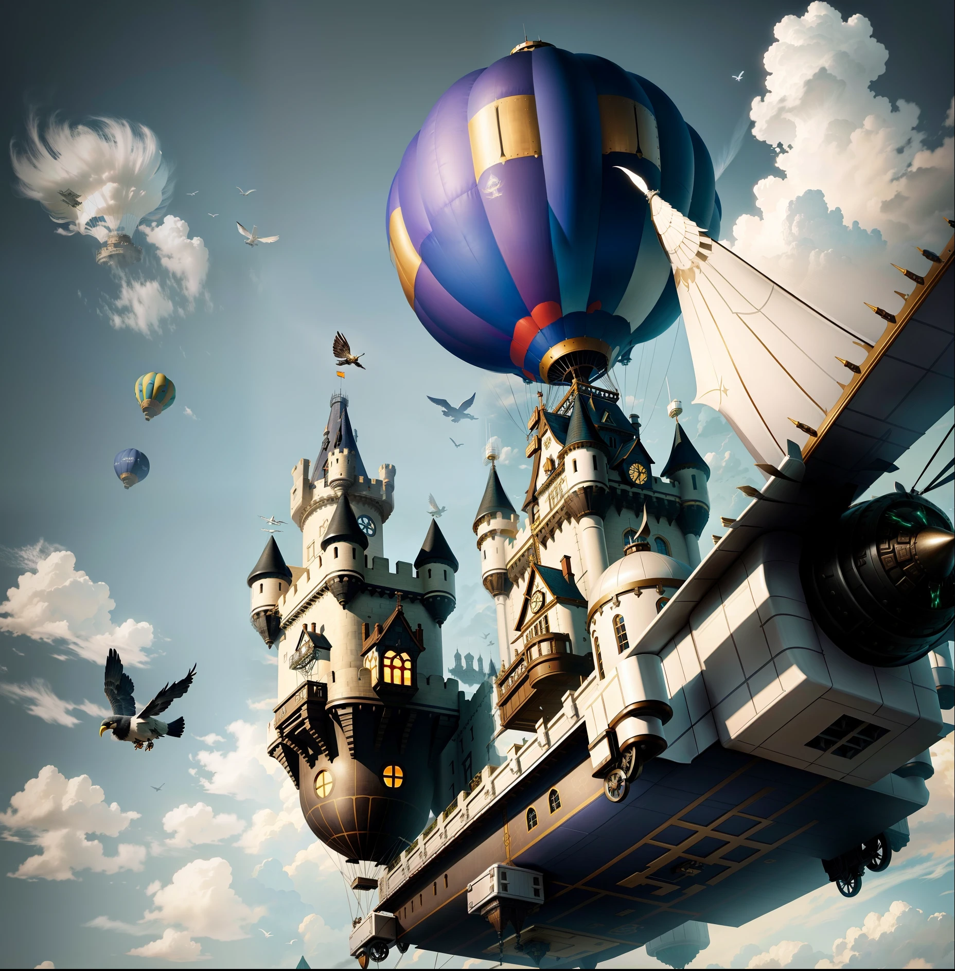[flying castle steampunch plane with mechanical wings, with mechanical birds around] + [flying victorian castle with mechanical wings, hot air balloons and airship hanging from the roof of the castle, castle with cogwheels, castle on a giant plane, hot air balloons hanging from the roofs of the castle, flying castle in sky, mechanism appearing in castle walls, gray, dark colors, gray cloudy day]+[steampunk, flying castle plane]