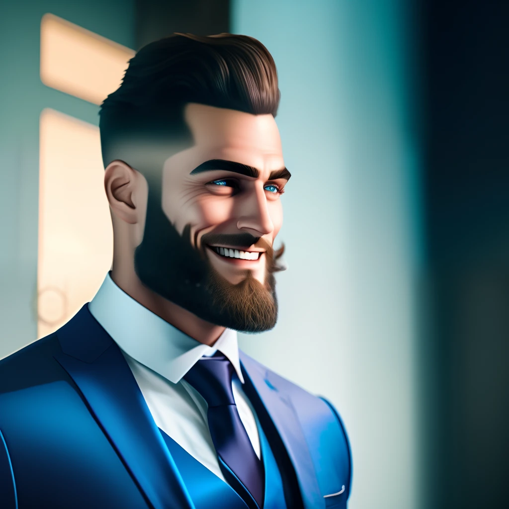 High quality, thug in suit, muscular man, beard, high nose bridge, blue eyes, rose tie, evil smile, 8K