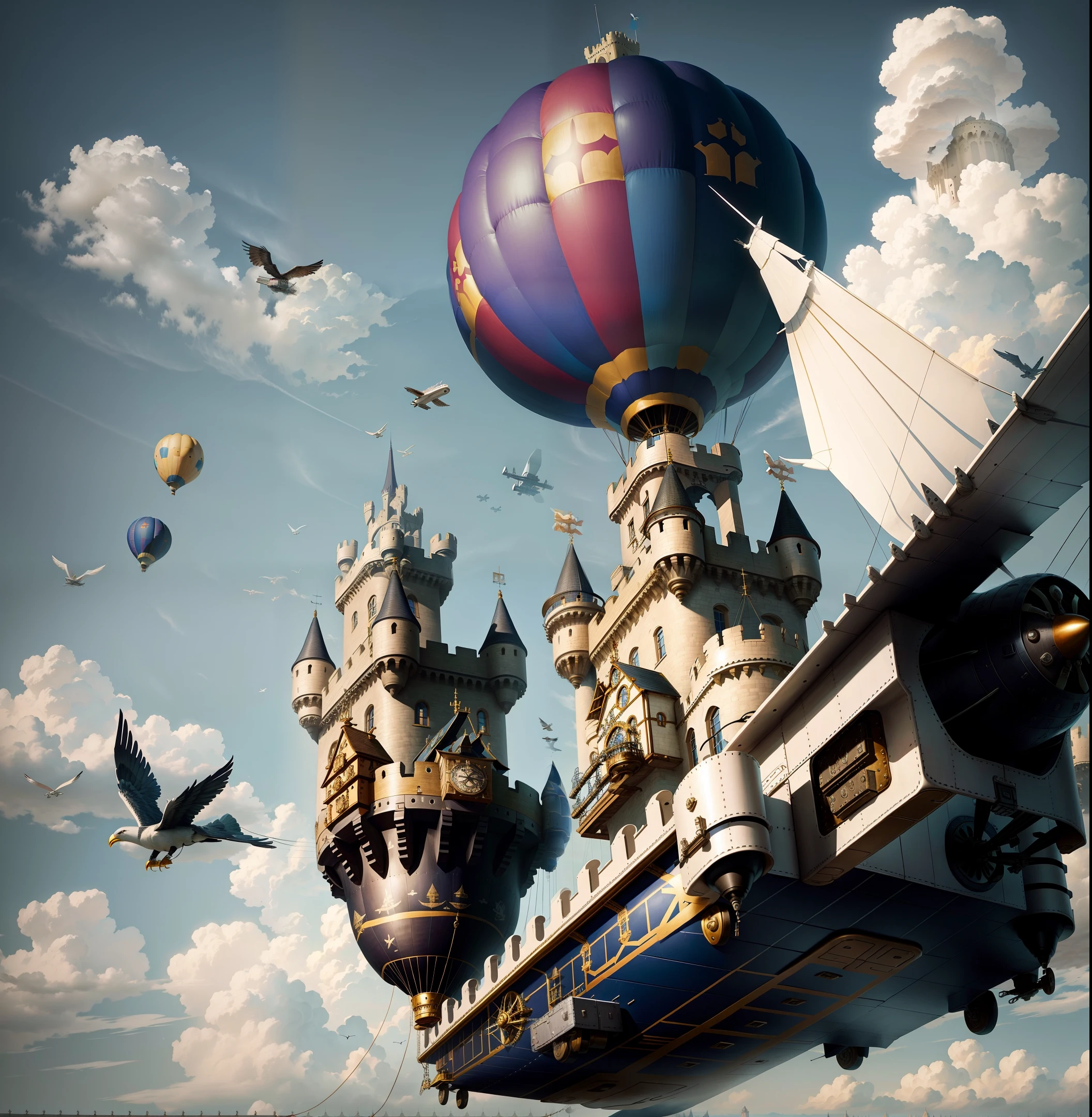 [aircraft steampunch flying castle with mechanical wings, with mechanical birds around] + [flying Victorian castle with mechanical wings, hot air balloons and airship hanging from the roof of the castle, cogwheel castle, castle on a giant plane, hot air balloons hanging from the roofs of the castle, flying castle in the sky, mechanism appearing in the castle walls, gray, dark colors, gray cloudy day]+[steampunk, flying castle plane]