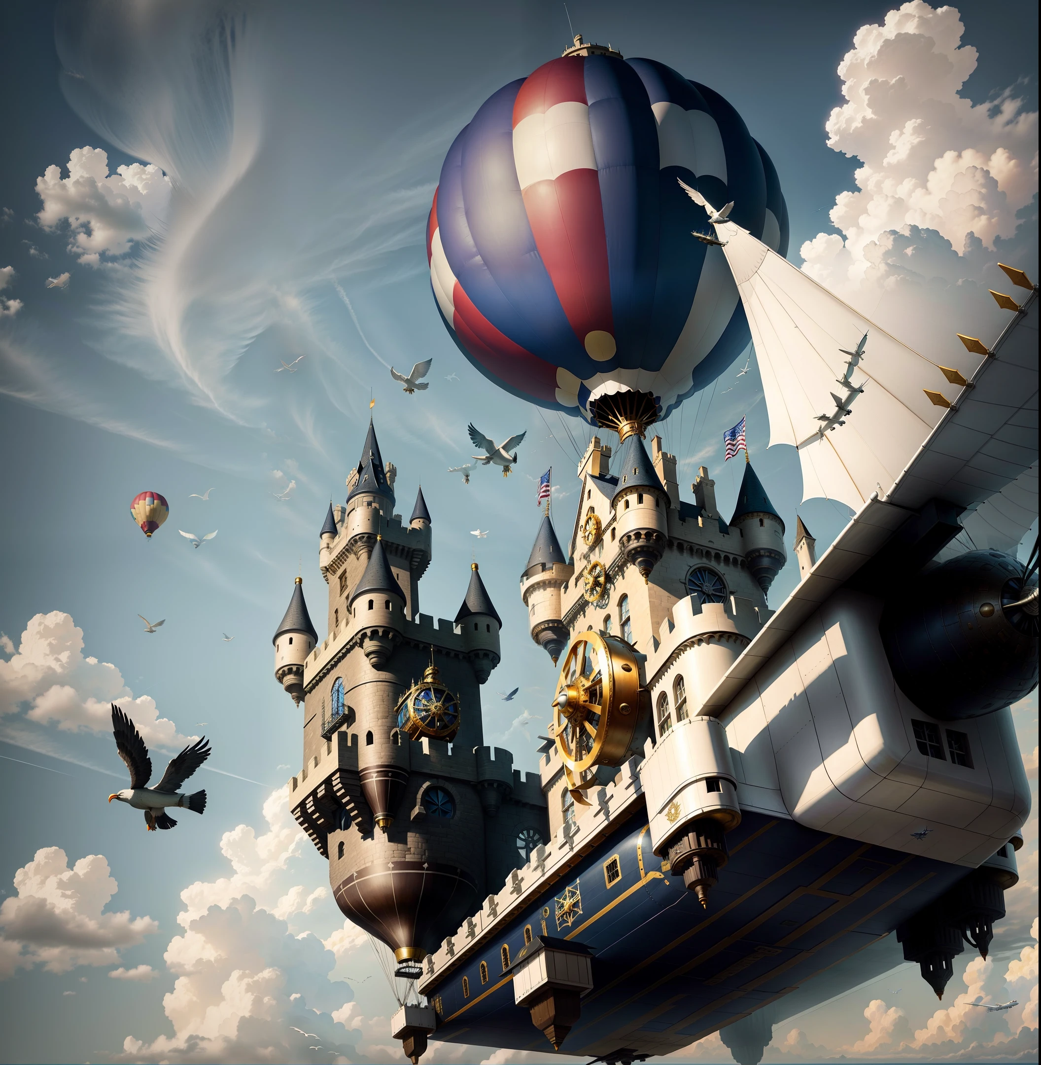 [aircraft steampunch flying castle with mechanical wings, with mechanical birds around] + [flying Victorian castle with mechanical wings, hot air balloons and airship hanging from the roof of the castle, cogwheel castle, castle on a giant plane, hot air balloons hanging from the roofs of the castle, flying castle in the sky, mechanism appearing in the castle walls, gray, dark colors, gray cloudy day]+[steampunk, flying castle plane]