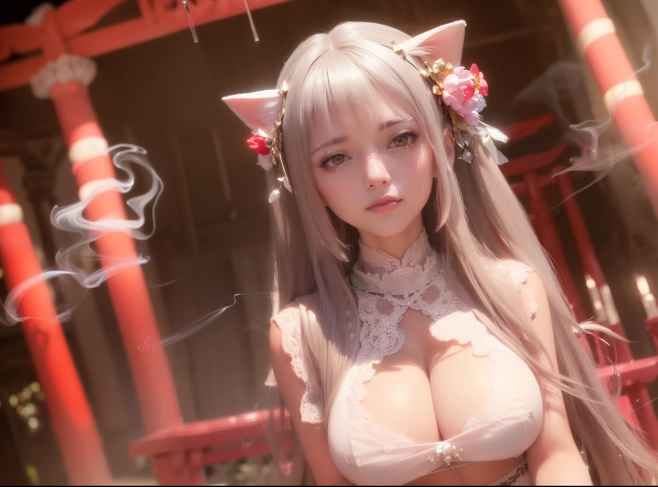 (anime fantasy, highly detailed CG unity 8k wallpaper, intricate, high detail, dramatic, real world, fantasy place, action frame, (sharp focus, 8k), 8k texture, soft cinematic light, adobe lightroom, darkroom, hdr , Intricate, Elegant, Rich Detail, Sharp Focus, (((((Film Style))), Soothing Tones, Frenzy for Detail, (Complicated Detail), Extreme Detail, Low Contrast, Soft Cinematic Lighting, Dark color, mixed exposure, hdr, faded, 35mm, f/1.4, ISO 64, F16, 25 seconds), (sultry pose, sexy pose, sultry, atmospheric, gorgeous, luxurious), 1 female, ((young) ),(gold and silver jewellery,(gem jewellery)),(((silver long hair))),flying long hair,(perfect and clean facial features),crystal clear red eyes,(pink lips),((big breasts) ), cat ears, (mature), (smile), gloves, (transparent white (lace) bikini lace bra lace underwear: 1.2), (Japanese shrine, indoor, cherry blossom, flower, (torii), gem, gem, diamond , glitter, sapphire, ruby, emerald, pearl, smoke, candle, amber, magic, obsidian, throne), looking at viewer, (smoke)