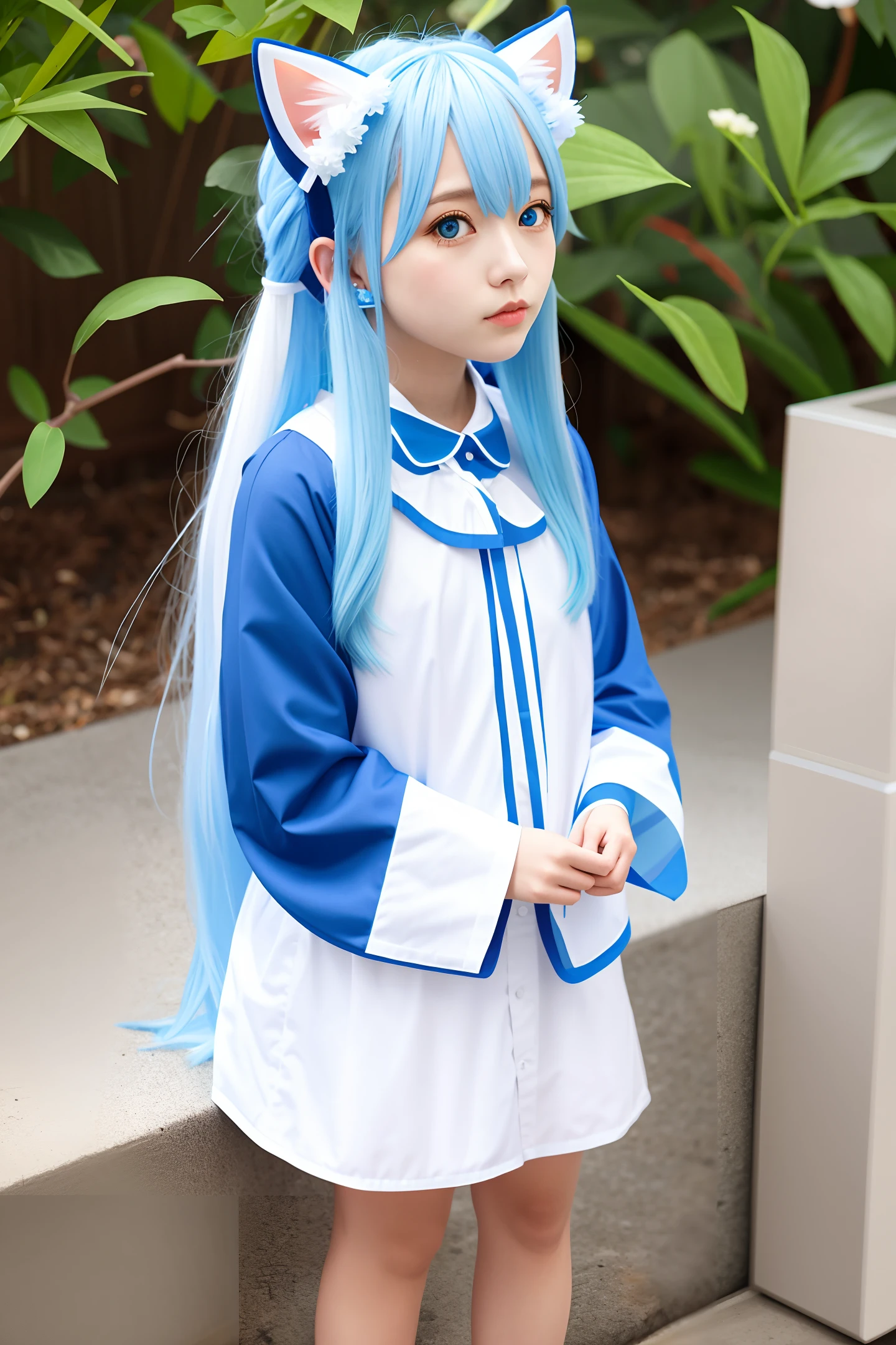 White Long Hair Blue Highlighted Lolita Cat Ears