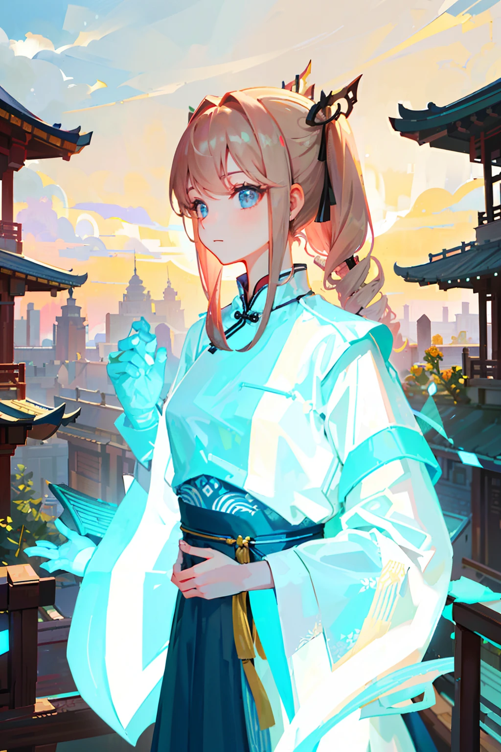 (masterpiece, best quality, super detailed: 1.6), illustrations, (single person, beautifully detailed eyes: 1.2), Han costumes, Chinese architecture, ancient cities, streets,