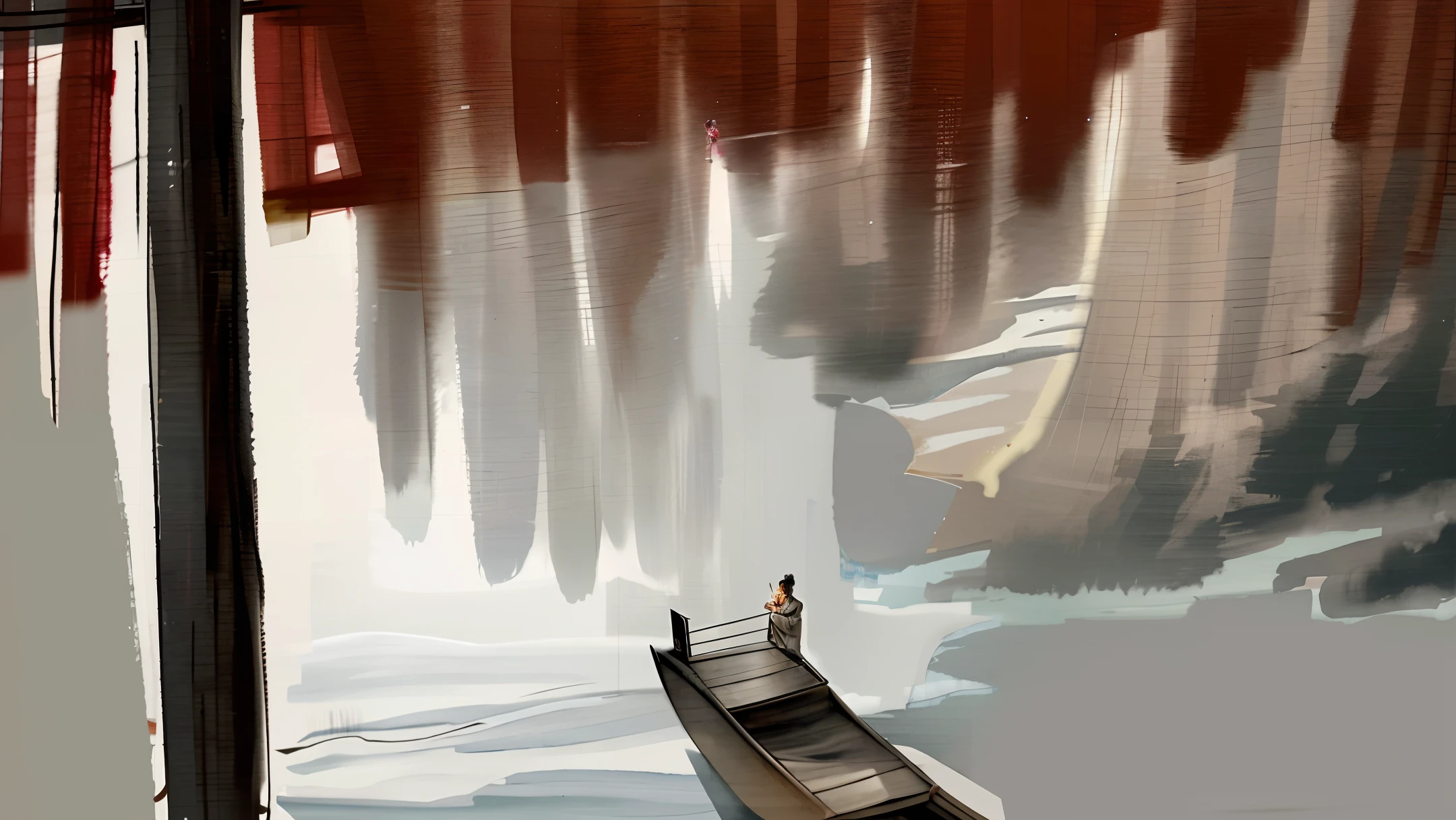 In the past, when crossing the Qiantang River, there was a monk attached to a boat, with a seat on the path, leaning on a pole, and did not ask questions. Talking with him, responding casually, looking at other places, the spirit is different. Hengzhou blamed him for his arrogance, so he didn't say anything else. At that time, the westerly wind was too strong, and Hengzhou occasionally got two sentences, saying: "The white waves shake the head of the boat, and pedestrians are afraid of stones." The monk suddenly closed his eyes and whispered, "Why is the girl with red sleeves still leaning on the tallest building?" Compared with the tether, there is a young girl standing upstairs, wearing red sleeves. But he was shocked and asked again and again. Said: "I can see my ears." However, the smoke and water are so vast, and the cottages cover them, it is really hopeless to see reason. If you doubt your previous knowledge and want to make a ceremony, you have already shaken the tin to go. traditional Chinese painting