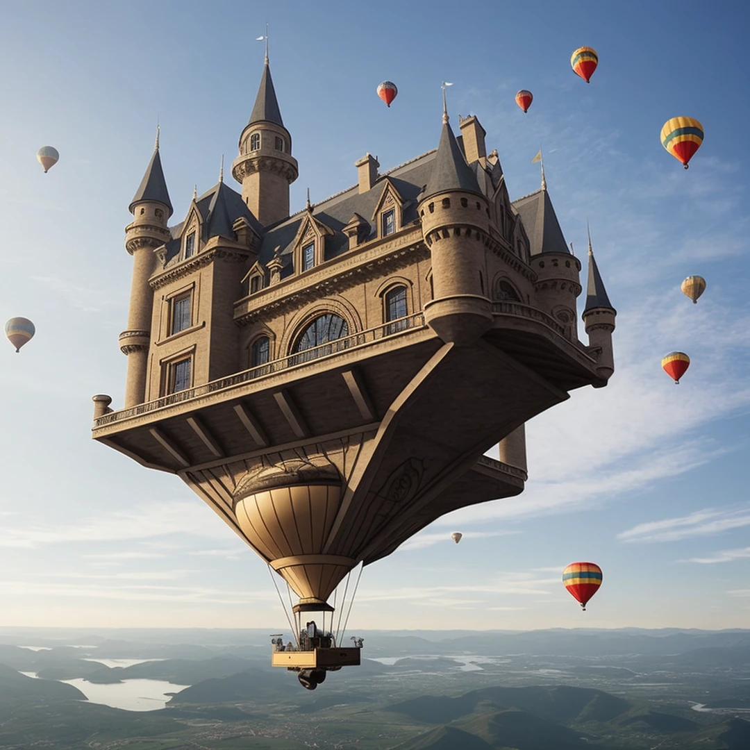 [flying castle steampunch aircraft with mechanical wings, with mechanical birds around]+[flying Victorian castle with mechanical wings, hot air balloons and airship hanging from the roof of the castle,Castle with cogwheels, castle on giant aircraft, hot air balloons hanging from the roofs of the castle , flying castle in the sky, Mechanism appearing in the castle walls, gray, dark colors, gray cloudy day]+[steampunk, flying castle aircraft]