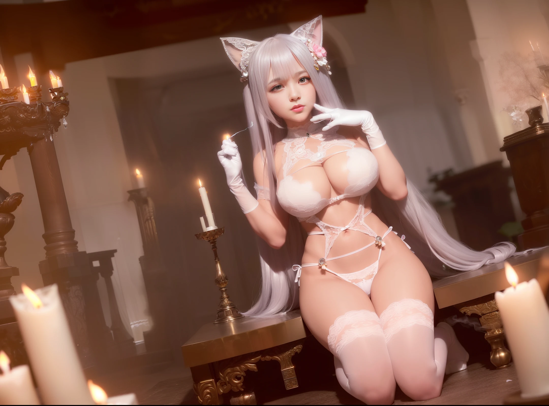 (anime fantasy, highly detailed CG unity 8k wallpaper, intricate, high detail, dramatic, real world, fantasy place, action frame, (sharp focus, 8k), 8k texture, soft cinematic light, adobe lightroom, darkroom, hdr , Intricate, Elegant, Rich Detail, Sharp Focus, (((((Film Style))), Soothing Tones, Frenzy for Detail, (Complicated Detail), Extreme Detail, Low Contrast, Soft Cinematic Lighting, Dark, mixed exposure, hdr, faded, 35mm, f/1.4, ISO 64, F16, 25 seconds), (sultry pose, sexy pose, sultry, atmospheric, gorgeous, luxurious), (((perfect body))) ,1 female,((young)),(gold and silver jewelry,(gem jewelry)),(((silver long hair))), flowing long hair, (perfect and clean facial features), crystal clear red eyes,( pink lips),((big breasts)),cat ears,(mature woman),(smile),((lace gloves)),(transparent white (lace) bikini lace bra lace underwear:1.2),(Japanese shrine,indoor, cherry blossom, flower, (torii), jewel, gem, diamond, glitter, sapphire, ruby, emerald, pearl, smoke, candle, amber, magic, obsidian, throne), looking at viewer, (smoke), candle, magic