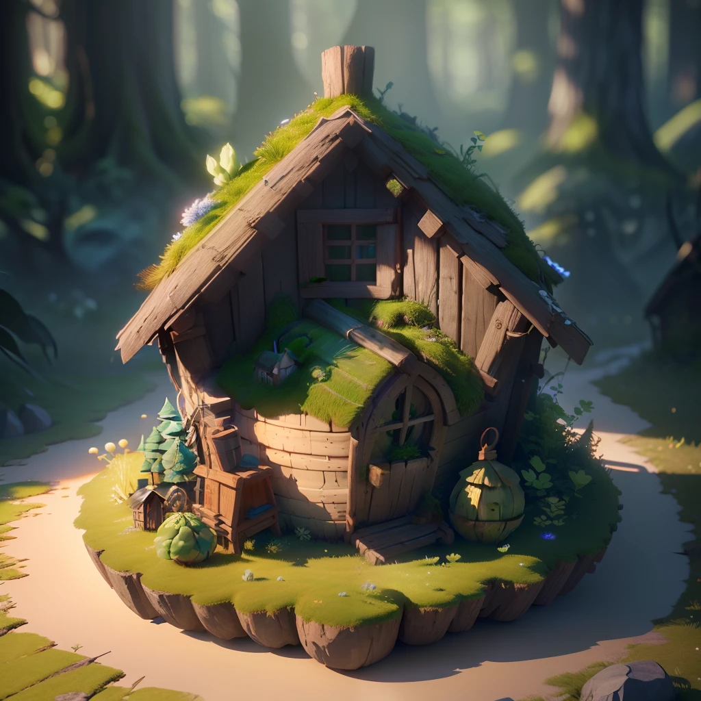 Masterpiece, best quality, (very detailed CG unity 8k wallpaper), (best quality), (best illustration), (best shadows), round turnip hut covered with moss, isometric 3D , octane rendering, ray tracing, highly detailed