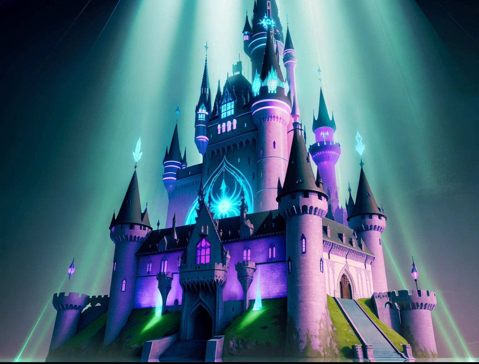 futuristic castle with gothic elements surrounded by a moat filled with water, colorful rays of light, gorgeous colors, masterpiece, high quality, nice graphics, high detail