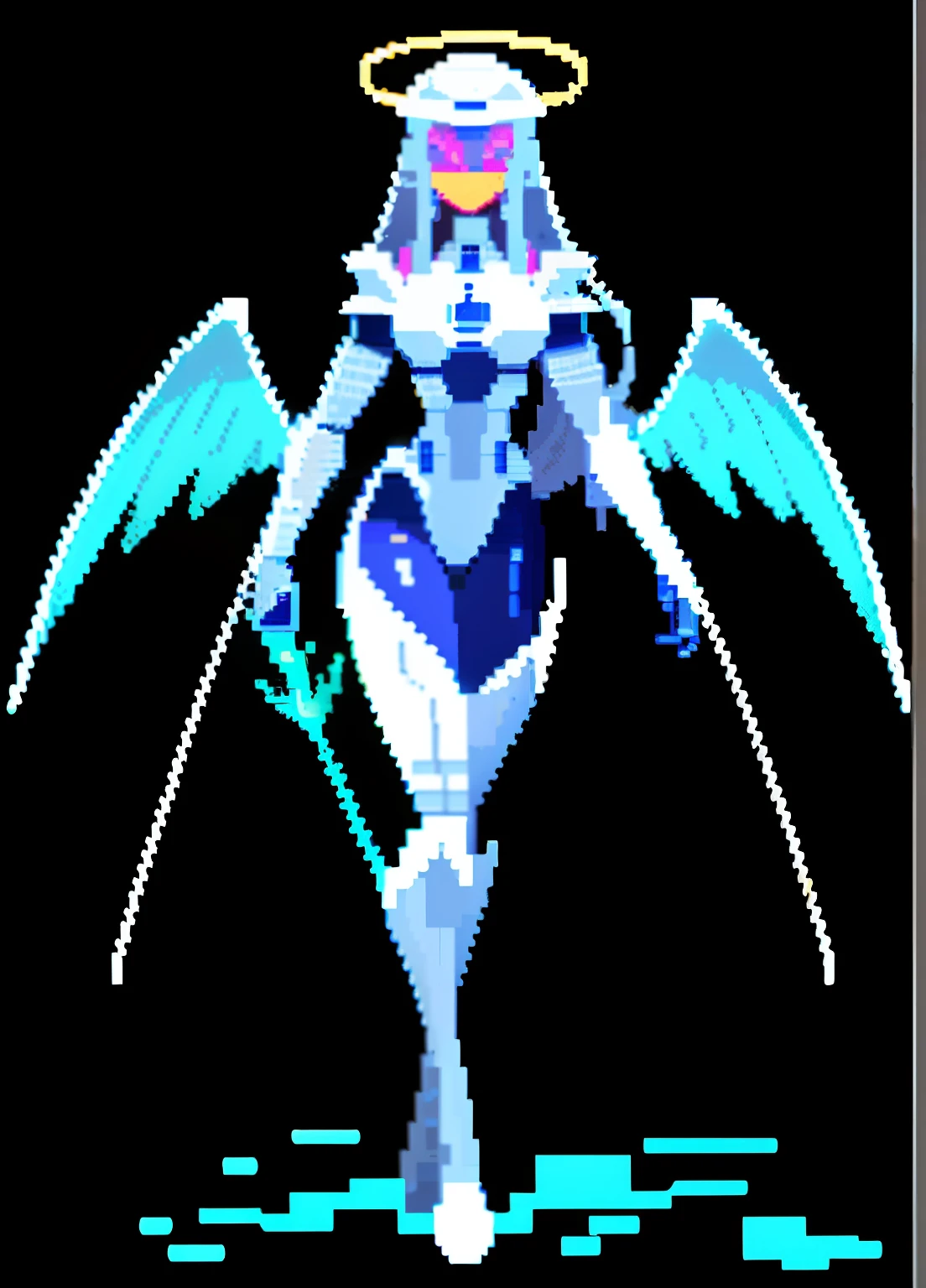 (Pixel Art: 1.6), Volumetric Lighting, Masterpiece, Crown, Angel, Enhanced Lines, Blue Light Source, Normal Map, High Res, Ultra Detailed, Ultra Detailed, Glowing Long Hair, HD Pixels, 1girl, Robot , helmet, glowing halo, angel wings, highly detailed, realistic, simple background, transparent background, pixel art