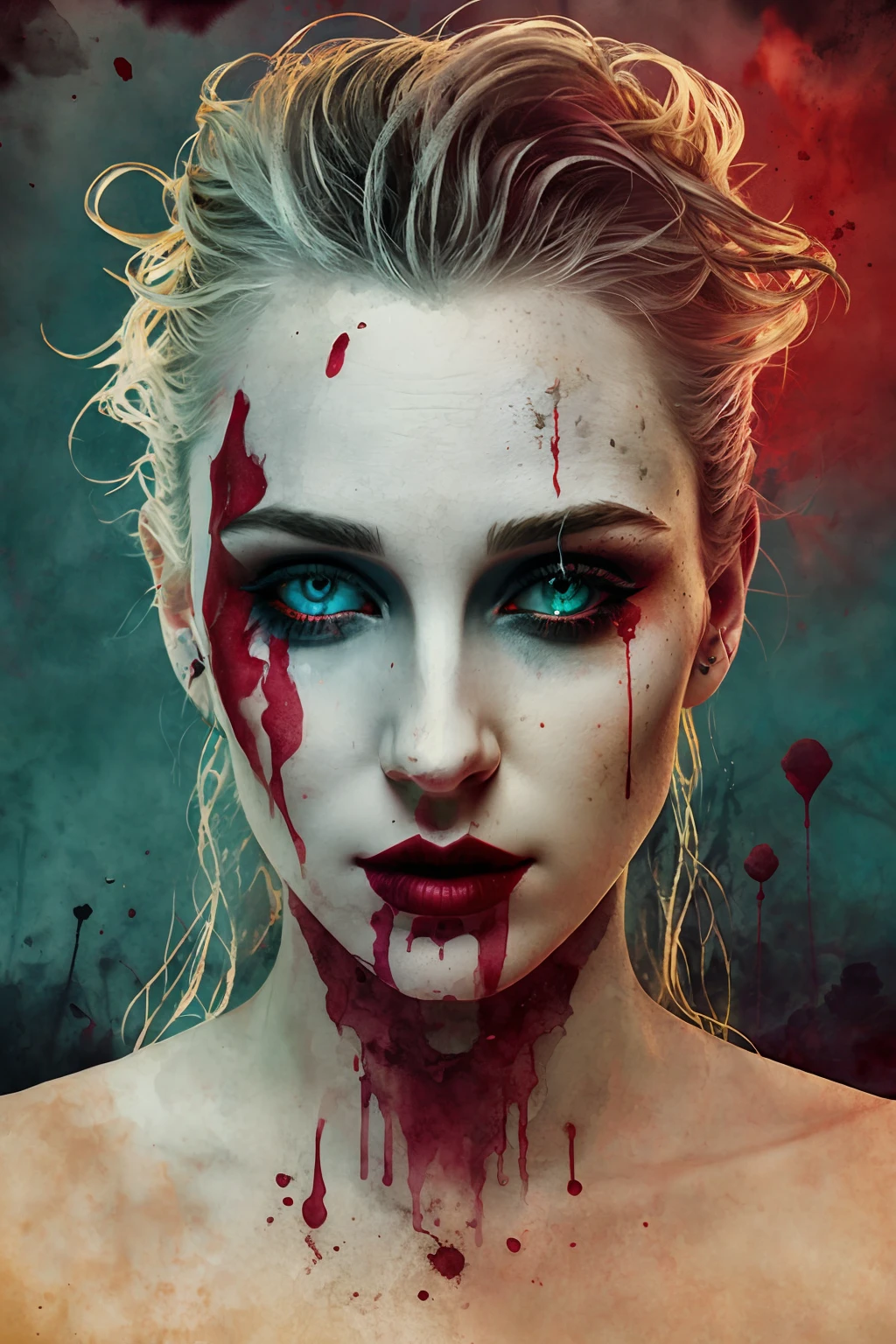 Beautiful vampire, bared fangs, blood-covered river as background, watercolor style smear, art, dramatic lighting, David Lynch's image style, abstract expressionism, metaphysics, expressionism, golden ratio,details aesthetic octane render excellent composition natural textures 8k oil paining masterpiece canon eos r4s 50