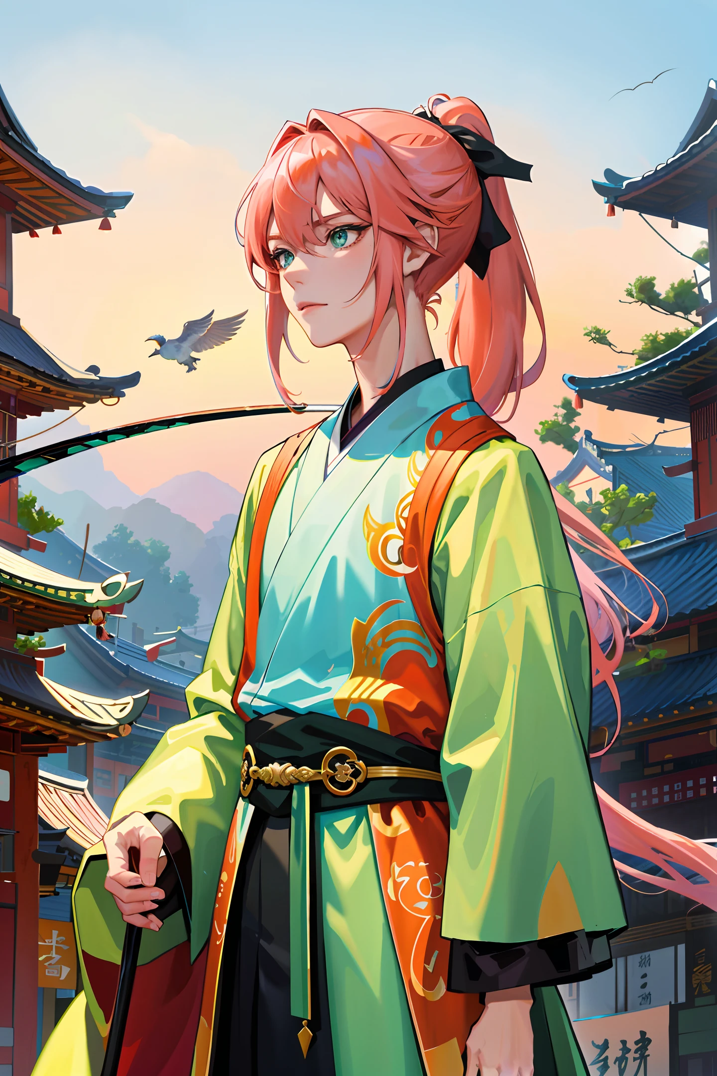 Masterpiece, amazing, official art, 8k wallpaper, high detail, illustration, ((1 person)), exquisite eyes, (handsome adult male 1.5), male focus, green eyes, solo, low ponytail, (straight ponytail), one person, Simple background, long hair, upper body, calm eyes, pink hair, orange hair, bangs, East Asian architecture, Hanfu, right hand sword, Chinatown, scenery
