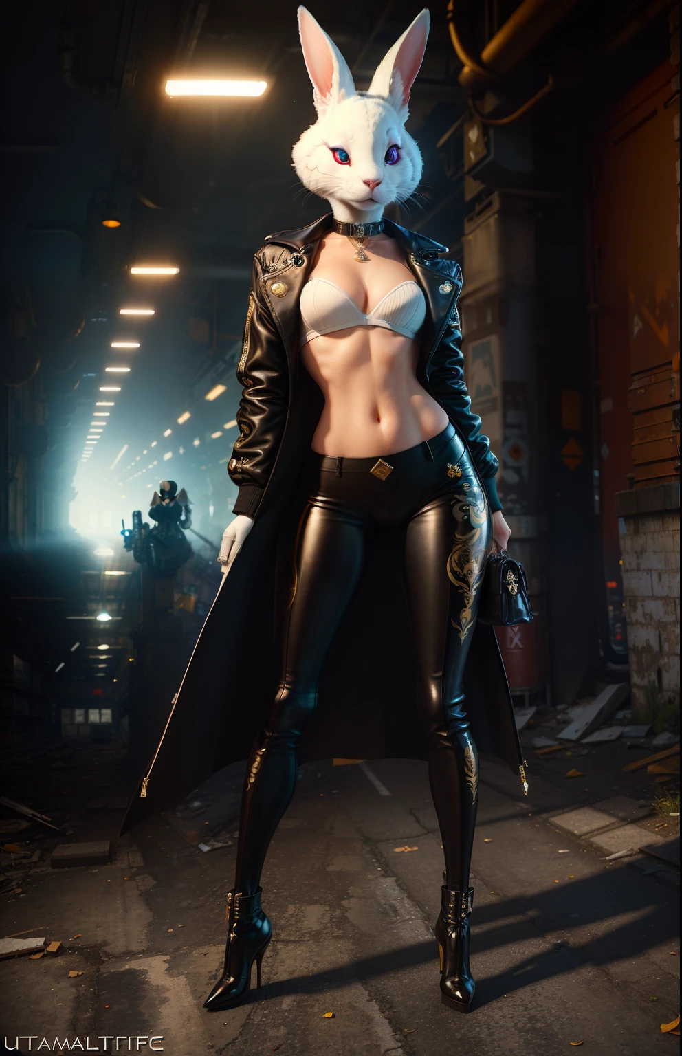 Masterpiece, ((ultradetailed)), ((Animal anthropomorphism)), gangster theme, little white rabbit, female, cute, underworld (pistol: 1.1), jacket, black pants, handsome windbreaker, high-heeled boots,(abandoned factory), cement gray, brickhighest quality, solo focus, (skippy:1.04), curvaceous woman, full body, complex (high detail:1.1) unrealengine