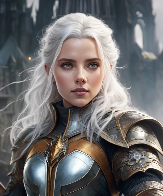 Fantasy style waist shot portrait of scarlett as a wizard, highly detailed, photorealistic, digital painting, artstation, concept art, sharp focus, illustration, best quality, 4k, artgerm and art by greg rutkowski and alphonse mucham, (White Wizard with hair in leather armor, carrying a sword), (female characteristics)